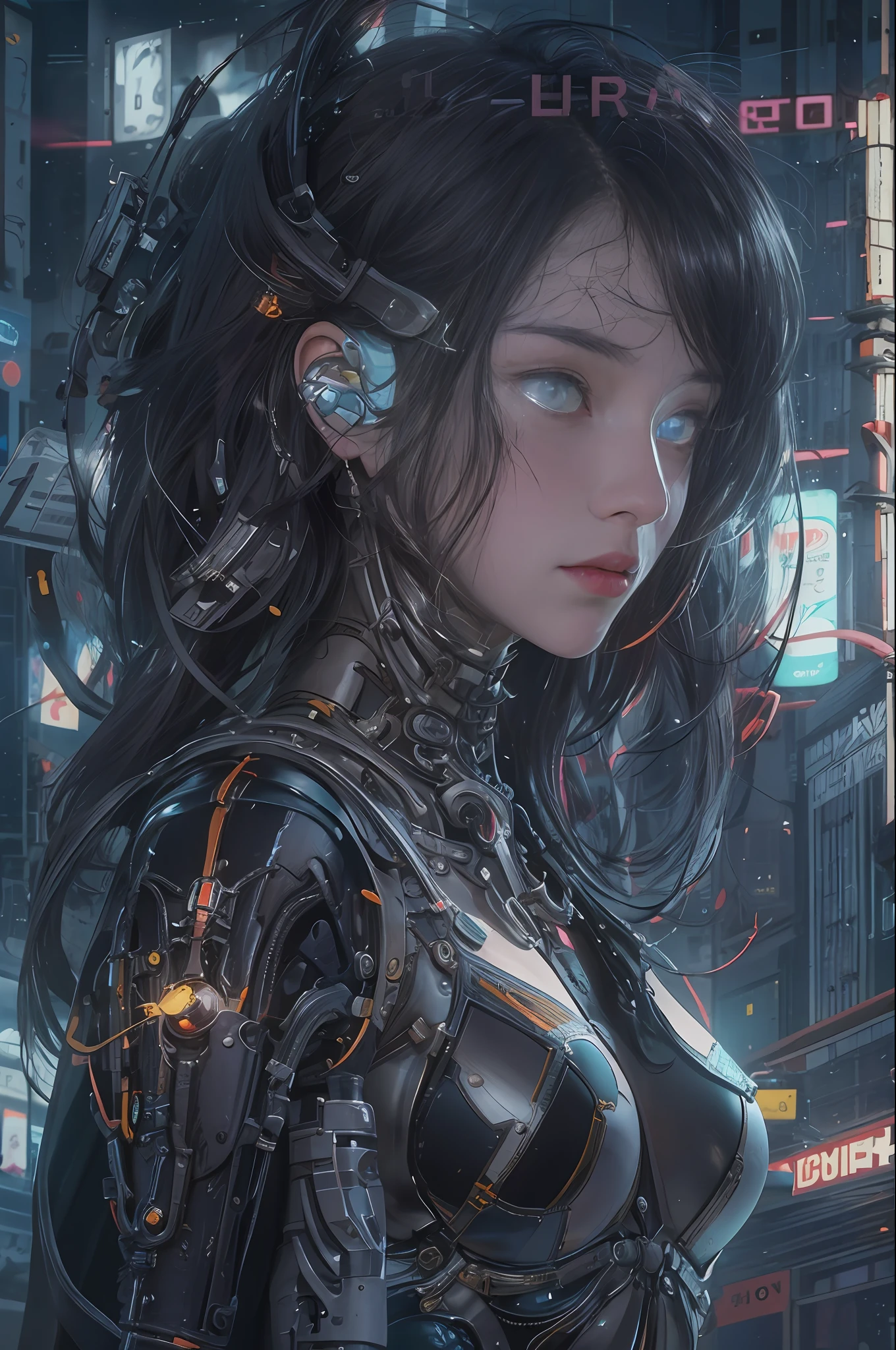 Top Quality, Masterpiece, Ultra High Resolution, ((Photorealistic: 1.4), Raw Photo, 1 cyberpunk Girl, Glossy Skin, 1 Mechanical Girl, (Ultra Realistic Details)), mechanical limbs, tubes connected to the mechanical parts, mechanical vertebrae attached to the back, mechanical cervical attachment to the neck, wires and cables connecting to the head, evangelion, small glowing LED lamps, global lighting, deep shadows, Octane Rendering, 8K, Ultra Sharp, Metal, Intricate Ornament Details, baroque details, Very intricate details, realistic light, CGSoation trend, facing the camera, neon details, (dazzling Cyberpunk city streets in background).