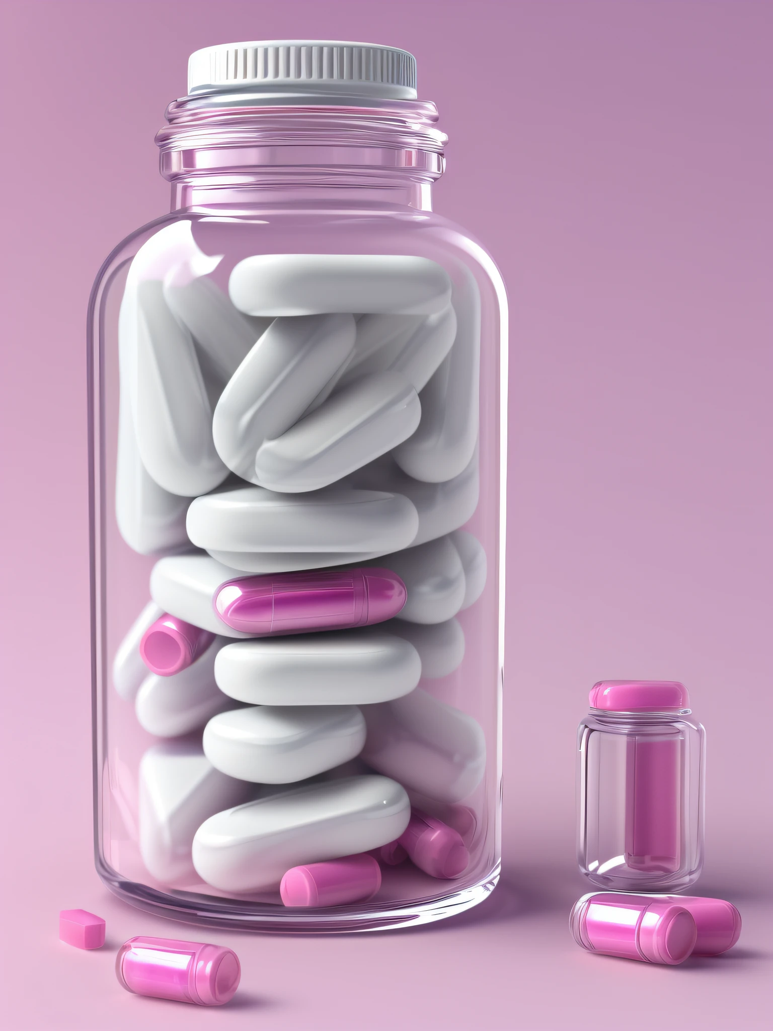 image of a medicine bottle, (( realismo )) frasco transparente, logo na parte da frente, pink pills inside the bottle, (( doutora olhando para o espectador)) , 8K,