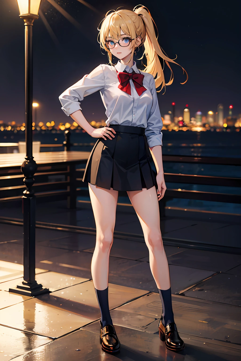 masterpiece, best quality, highres, 1girl, solo, high school uniform, bare legs, looking at viewer, light particles, city backdrop, perfect hands, perfect eyes, perfect legs, perfect arms, perfect fingers, blonde hair, blue eyes, medium breasts, long hair, standing, hands on hip, closed fists, hair down, glasses, ponytail, matching socks, full body,