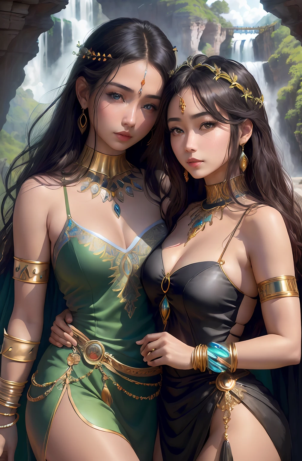 ((Realistic:1.5)),Ulzzang-6500：0.7，((Best quality)), ((Masterpiece)),((Detailed)),2girls,duo,{2 beautiful women}, (Upper body:1.3),Hug and touch each other, Tease your friend's waist, Breathless friends, Biting a friend's earlobe, crouched,super wide shot,Face focus, Long legs,Curvy, Barefoot,Wide hips, Thin legs, Oversized eyes,Long eyelashes, (Detailed face,beautidful eyes, detailedpupils,detailed clothes features, Clear background:1.3), (armlets, bangle:1.3), Mysterious ancient ruins, floresta exuberante, Deep canyon,bridge,River,cliff,Cloud,lakes,Rock music,Waterfalls, Flowers, Grass,grape trees,tree,bright detail,Sharp,Perfect compounding, Intricate, Sharp focus, Dramatic,