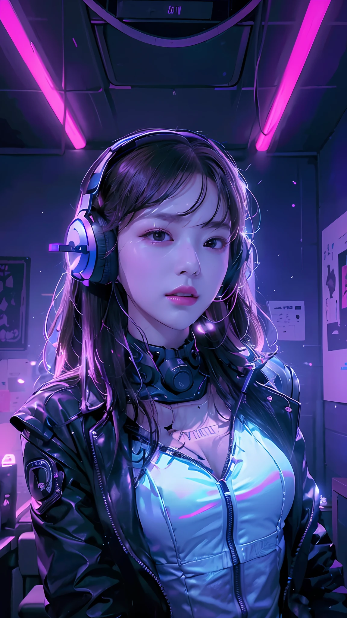 ((Best Quality)), ((Masterpiece)), (Very Detailed: 1.3), dark room, beautiful cyberpunk woman, wearing headphones, dynamic composition, blue neon lights from the ceiling, purple neon cord on the wall,