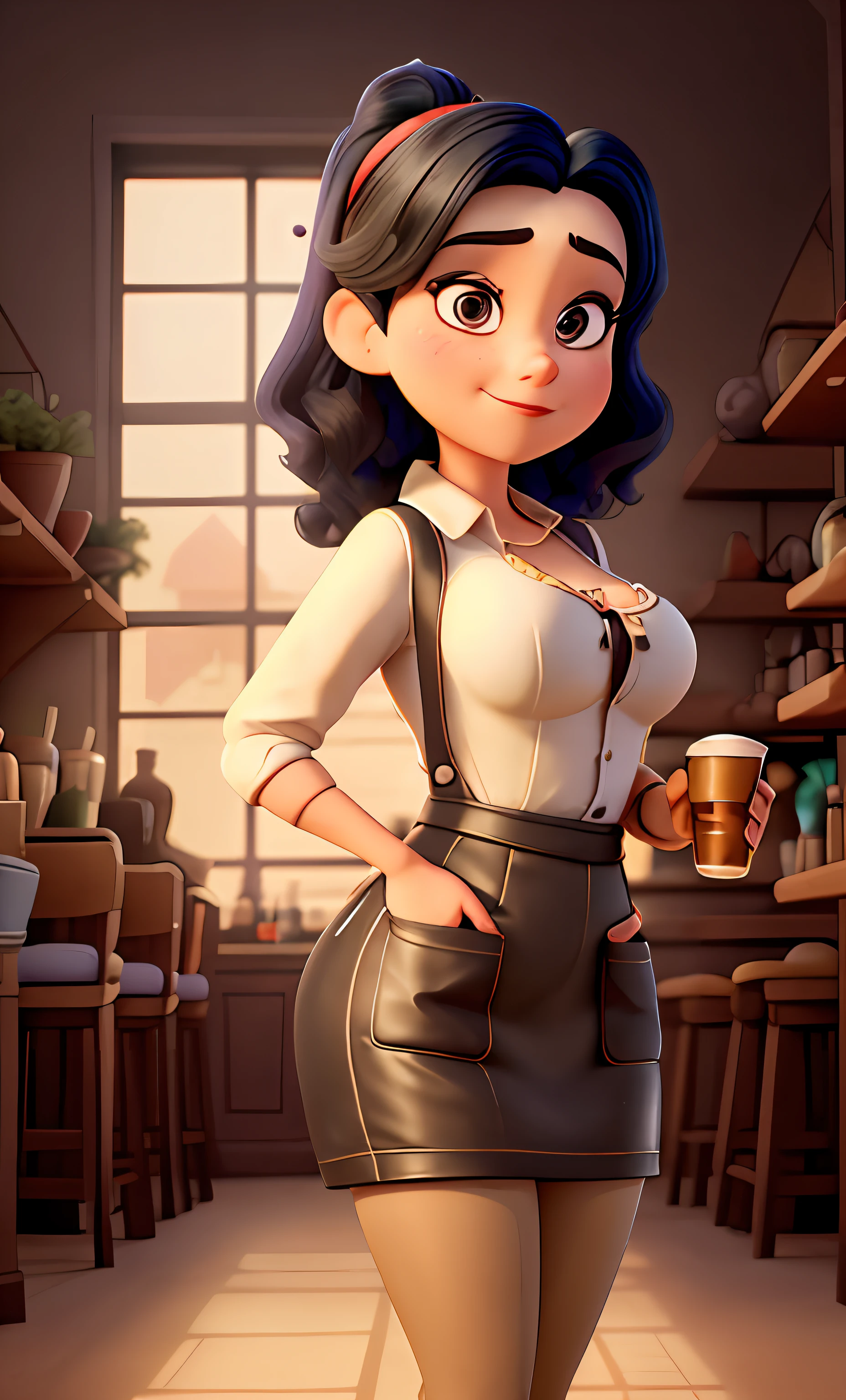 A Pixar mom working at a cafe as a barista, relaxing with just an apron on with black hair, makeup, a lustful facial expression, wearing her latex outfit, looking sexy, wide hips, unbelievably big fat ass, juicy breasts, in a red room, sex slave, unbelievable sex, holding a coffee, cinematic light, soft light, golden hiur