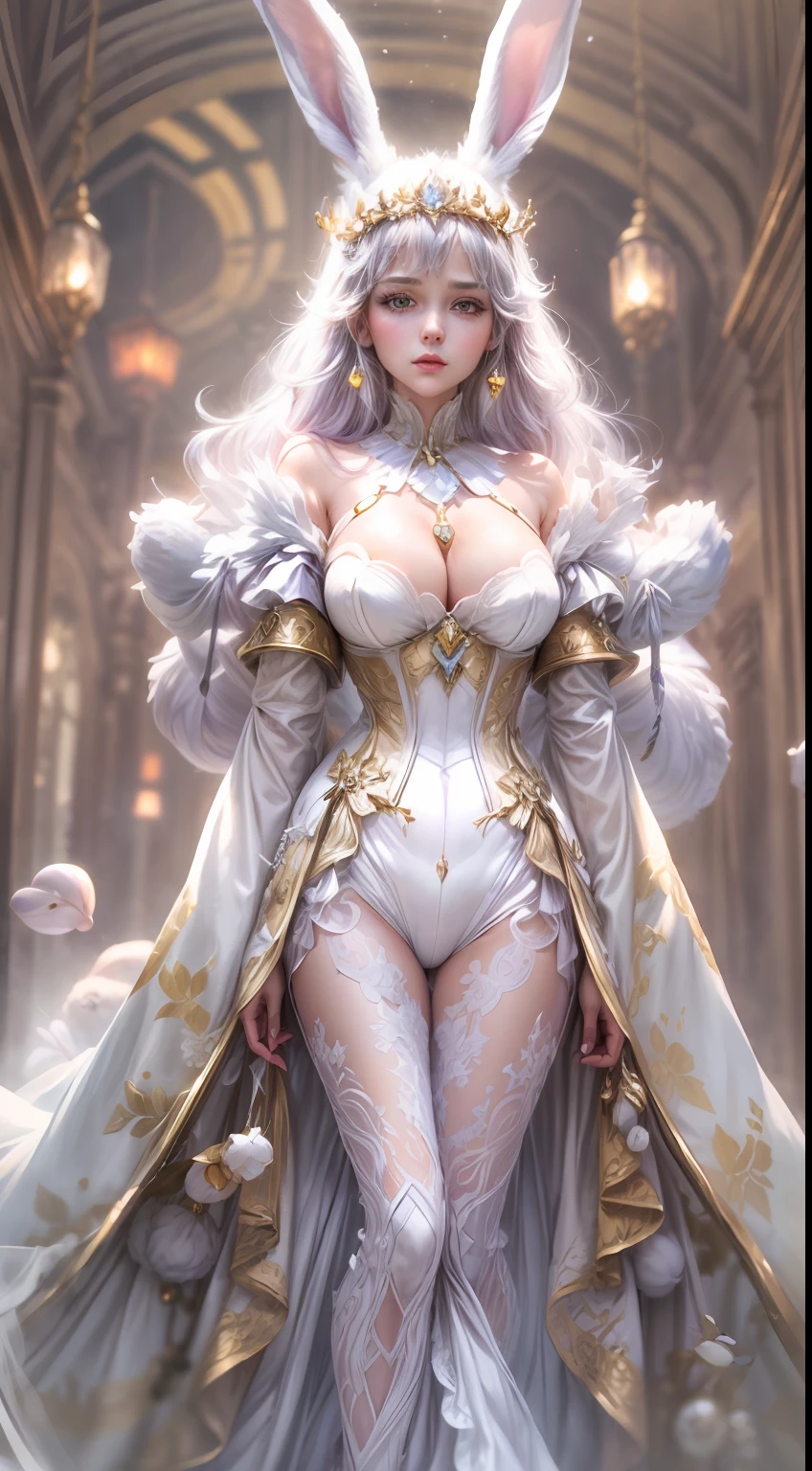 Best Quality, studio lightning, (((Princess of Rabbits, The woman))), (dressed in white robes, Velvet, Mecha, lace, brocade, pearls), Expensive jewelry, lace,