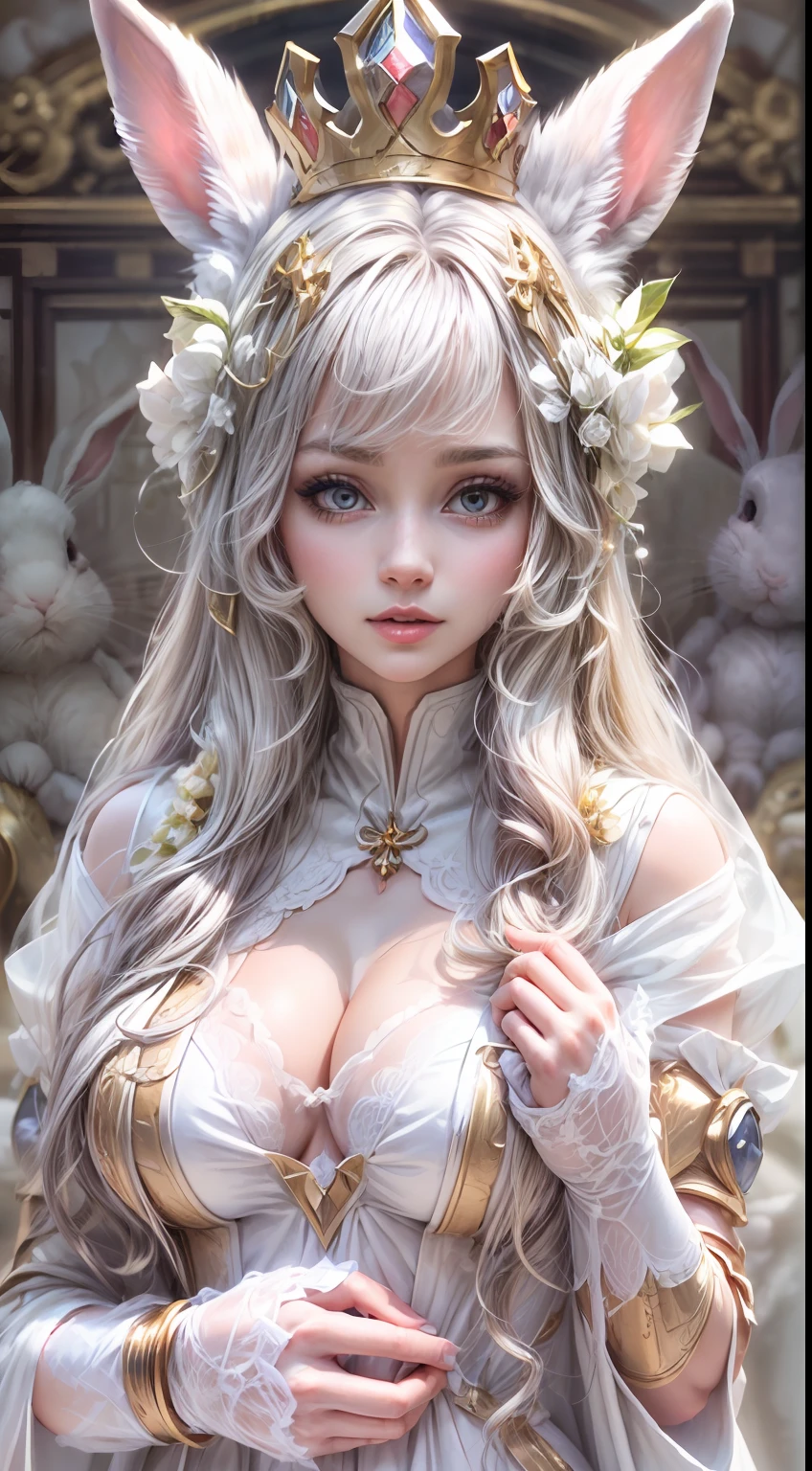 Best Quality, studio lightning, (((Princess of Rabbits, The woman))), (dressed in white robes, Velvet, Mecha, lace, brocade, pearls), Expensive jewelry, lace,