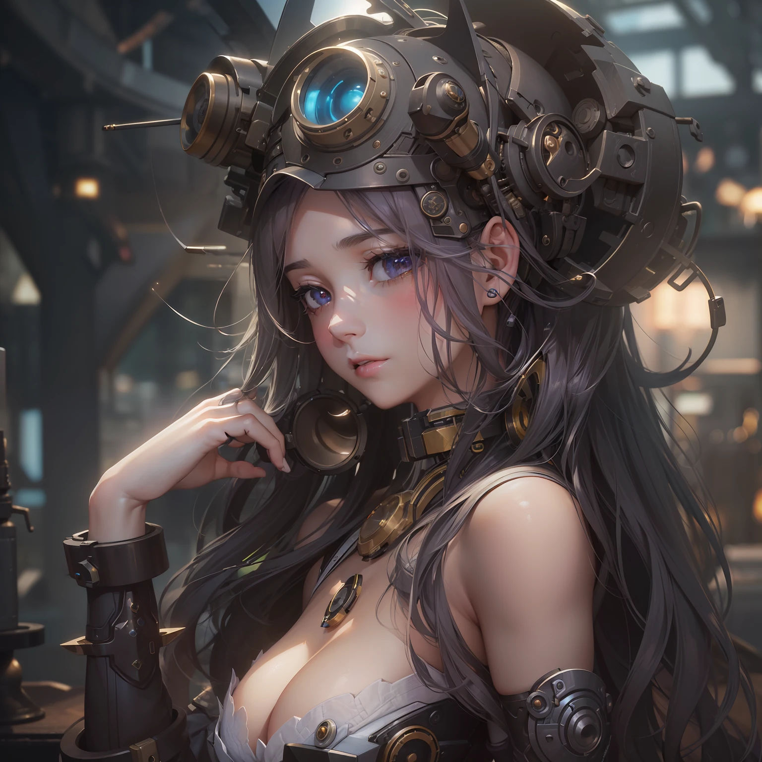 (((​masterpiece)))、(((top-quality)))、((ultra-definition))、(High Definition CG Illustration)、((extremely delicate and beautiful))、(From Side)、Cinematic Light、cyberpunked、steampunc、2080s、animesque、Cyber Girl、Girl like a goddess、trending on artstationh、Rachel Walker、