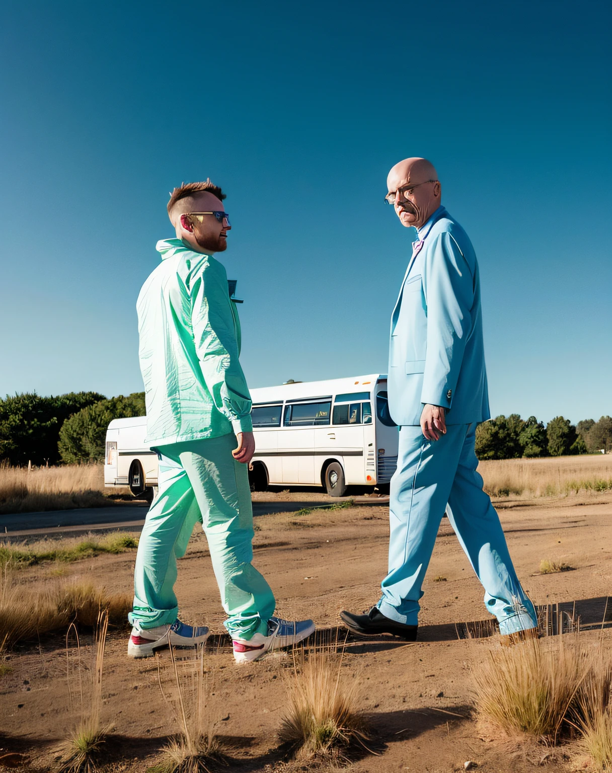 two men in blue suits walking in a field with a bus in the background, walter white and jesse pinkman, breaking bad