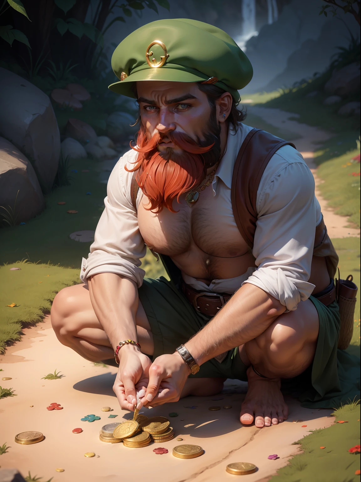 Leprechaum: mulher com barba vermelha, rainbows in the sky and gold coins scattered on the ground, trevos de quatro folhas, ferraduras; pote de moedas de ouro, tesouro ferradura da sorte barba e bigode