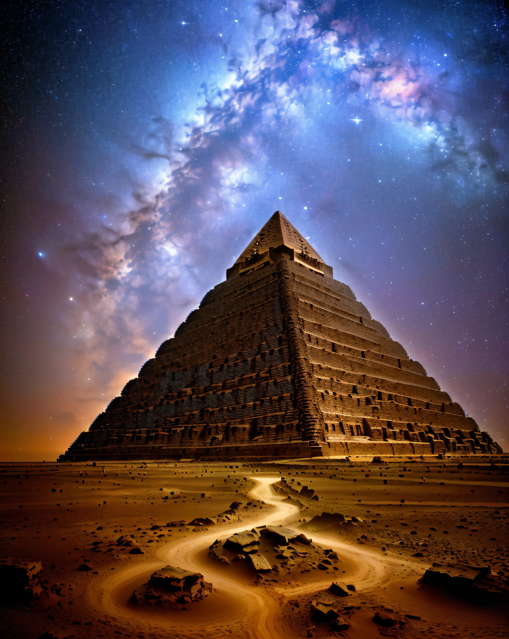 An ancient pyramid floating in an infinite ocean, with a lotus flower blooming on its top. The pyramid is sparsely populated with stars. obra-prima, clear, ultra detalhe, 8k, Cyberspace Soldier, angle view, qualidade superior, dim, (fundo de alto detalhe: 1.2), (caracteres de alto detalhe: 1.2), dslr, soft-lighting, alta qualidade, grain of film, fujifilm xt3, detalhe intrincado,