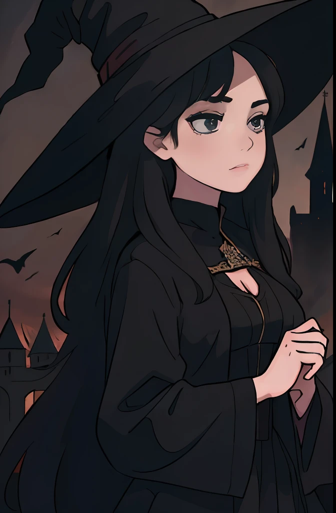 A woman, witch, long straight black hair, black eyes, athletic body, long black dress, castle in the background, masterpiece, high quality, best quality, 4k, well-detailed body, detailed face, witch's hat, camera raw, dark lighting