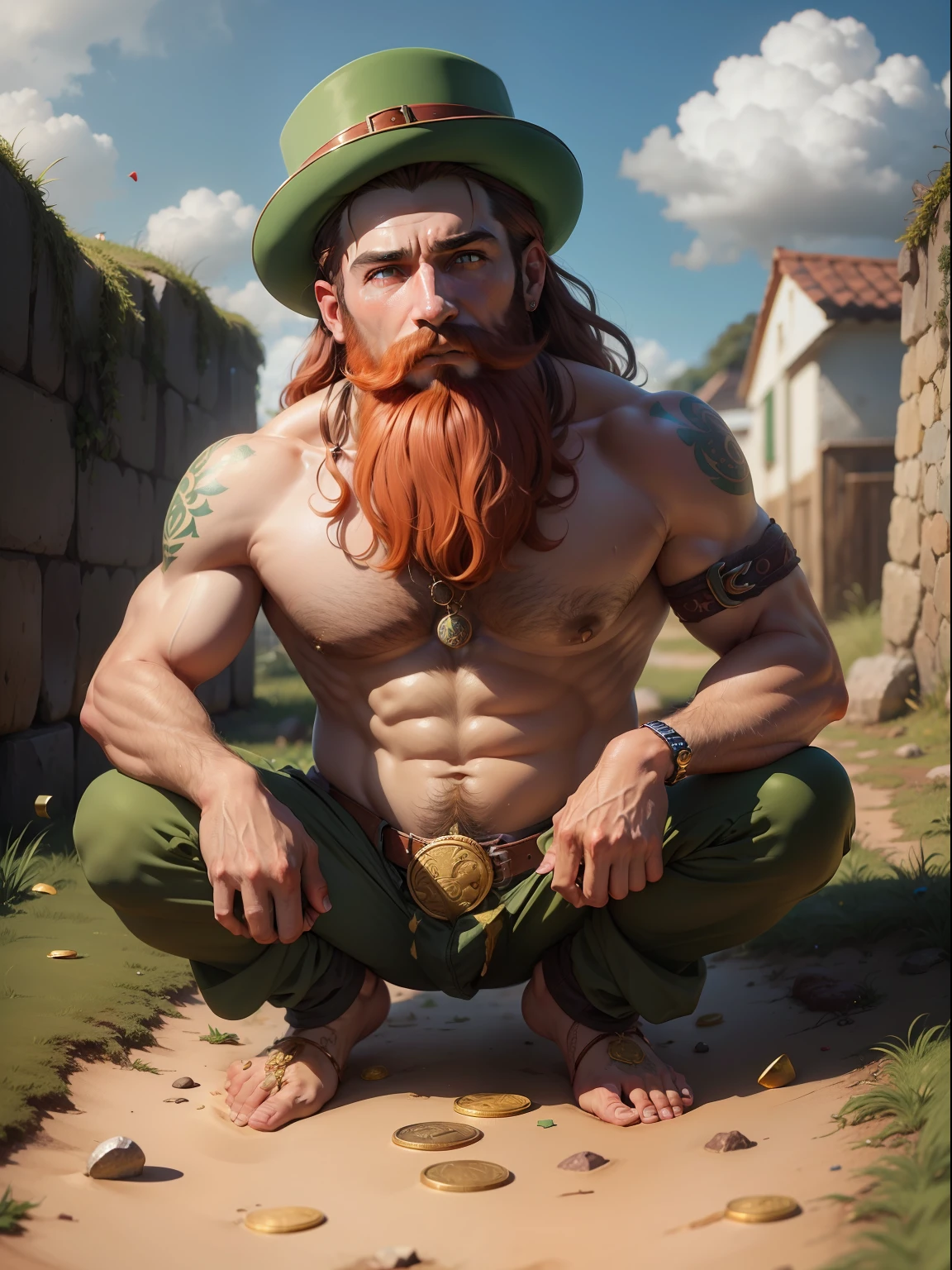 Leprechaum: mulher com barba vermelha, rainbows in the sky and gold coins scattered on the ground, trevos de quatro folhas, ferraduras; pote de moedas de ouro, tesouro ferradura da sorte barba e bigode