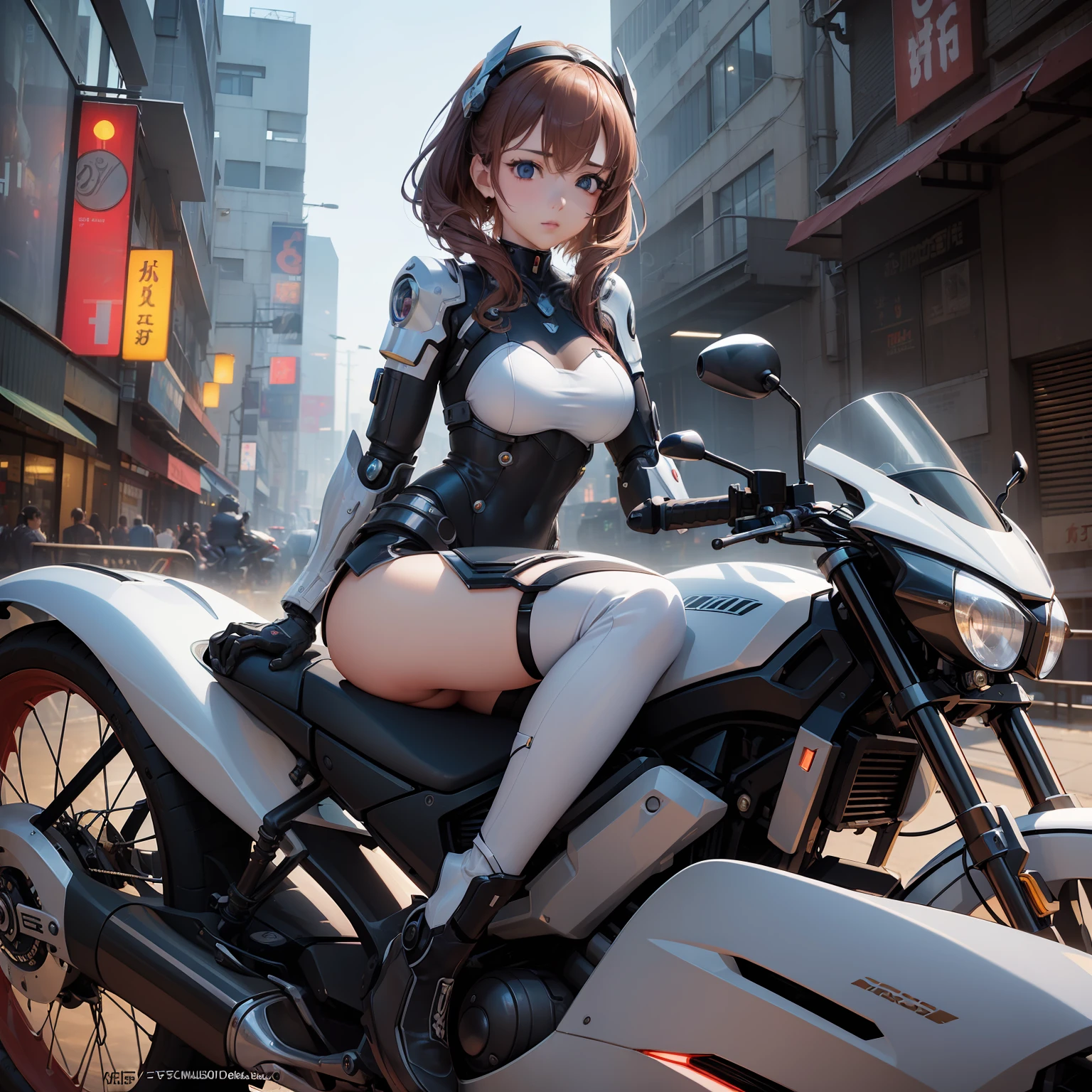 (((​masterpiece)))、(((top-quality)))、((ultra-definition))、(High Definition CG Illustration)、((extremely delicate and beautiful))、Anime girl sitting on a motorcycle in the city of the future, Cinematic Light、cyberpunked、steampunc、2080s、animesque、trending on artstationh、Rachel Walker、mechanized valkyrie girl, Girl in Mecha Cyber Armor