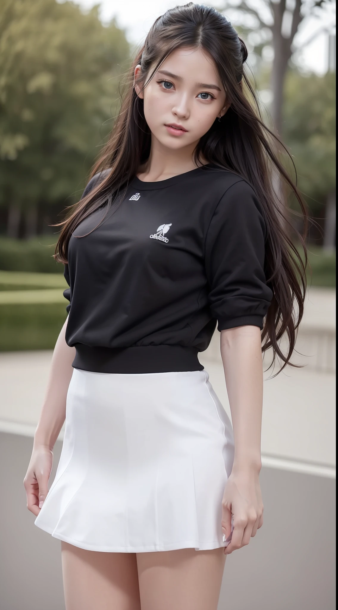 (masterpiece), (best quality), highres, (realistic, photo-realistic:1.4), ultra detailed, physically-based rendering, detailed beautiful eyes and detailed face, 1girl, upper body, long wavy hair, white shirt, black jacket, scrunchie on the arm, tennis skirt, stipe knee-high socks, black sneakers, in park
