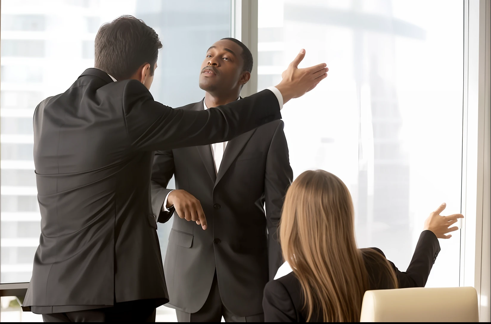 Two men in suits are standing in front of a window and pointing, adversitement, Motivacional, em um fundo escuro, Atores, miniatura, fundo transparente, Shutterstock, fundo interessante, contra fundo escuro, autoritativo, editing, Queixas, Foto de Stock, pessoas negras discutindo, arte profissional, dramatic situation, the futility of overexertion, artist's interpretation