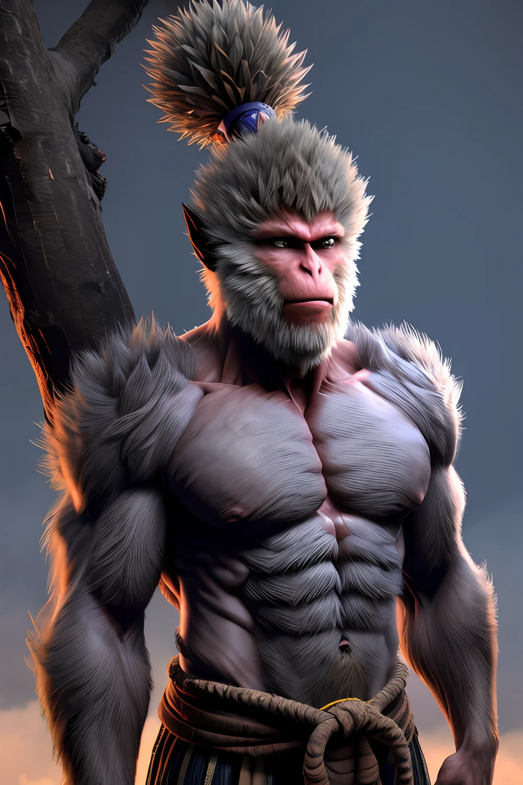 wukong \(mito negro\),
1menino, solo, foco masculino, olhos detalhados, 
peito peludo,  capoeirista , pauldrons, ornamento de cabelo, 
parte superior do corpo, heaven, tree,
motor unreal, 8k, super detalhe,