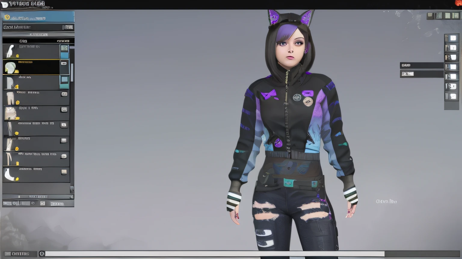 um close up de uma pessoa em um terno de gato com um capuz, mechanic punk outfit, roupa estilo cyberpunk, roupas realistas, roupa cyberpunk, wearing atompunk jumpsuit, menina glitchpunk, epic 3 d abstract emo girl, usando streetwear cyberpunk, Garota de anime cyberpunk com capuz, usando uma roupa punk, cyber punk setting, tiro de corpo inteiro hiperdetalhado, roupa punk, um close up de uma pessoa usando um capuz com uma orelha de gato, Avatar do Second Life, usando um capuz com orelhas pontudas, modelado em poser, menina com orelhas de gato, VRCabord, wearing cybernetic bunny ears, gatinha, menina anime com orelhas de gato, mulher com orelhas de gato, menina gato atraente, close up tiro de meio corpo, Roxo Transparente Sci - Capuz FiFi, pessoa com pelo roxo, Motor irreal : : maquiagem, Retrato de Jinx de Arcane, menina atraente, gatinha, gatinha jovem bonita, com o rosto muito detalhado,