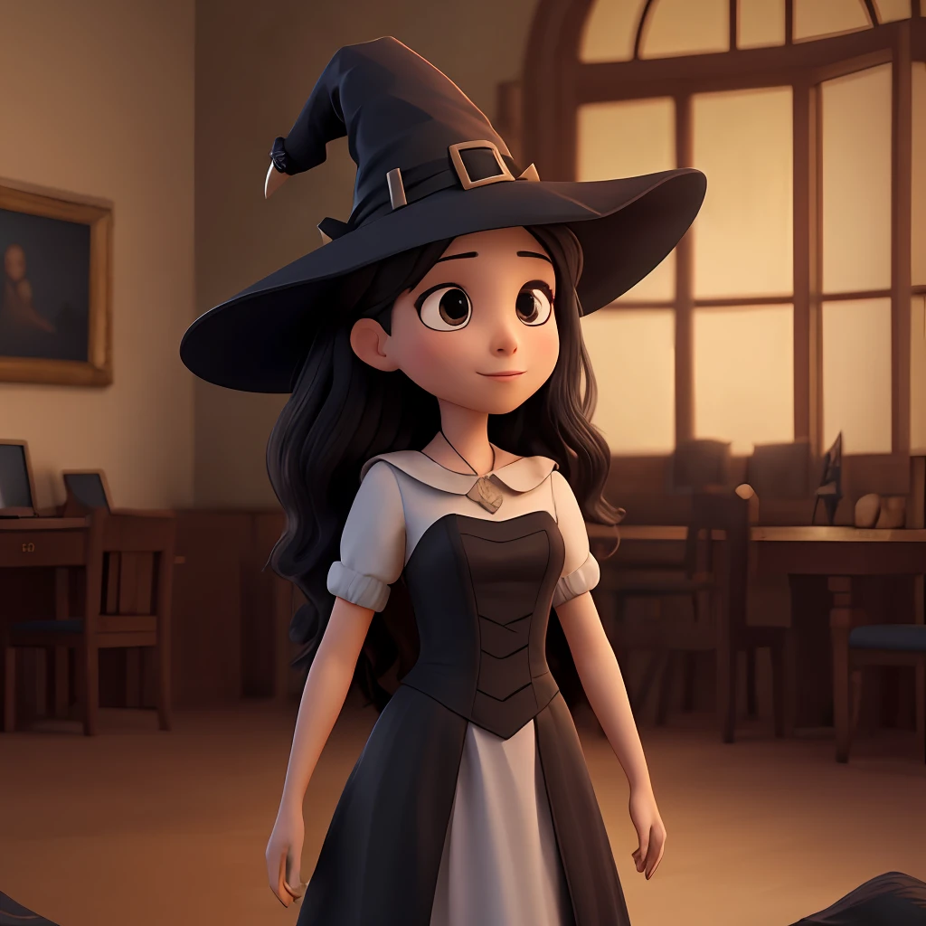 A woman, witch, long straight black hair, black eyes, athletic body, long black dress, castle in the background, masterpiece, high quality, best quality, 4k, well-detailed body, detailed face, witch's hat, camera raw, dark lighting