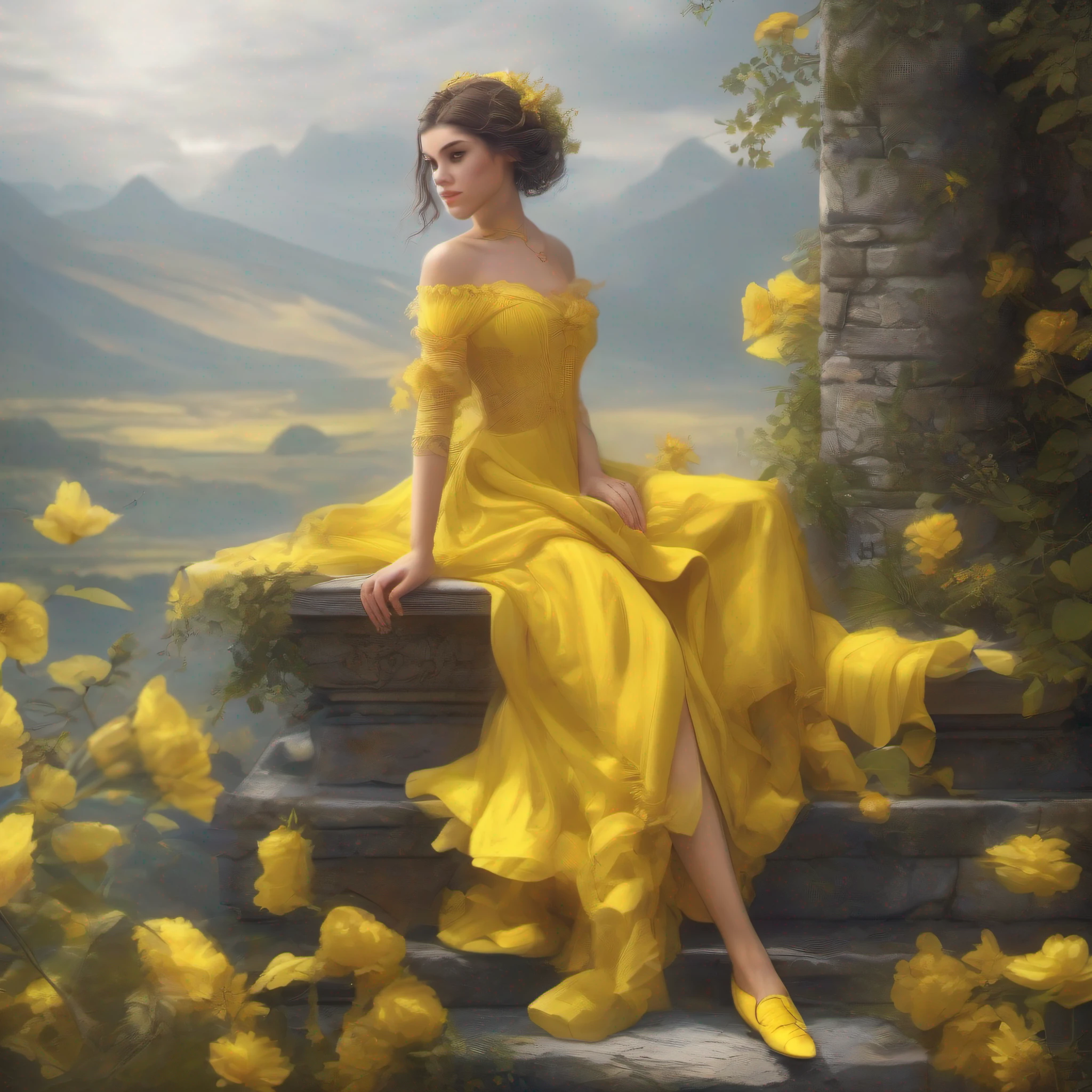 Young woman with yellow dress and yellow stocking and yellow shoes