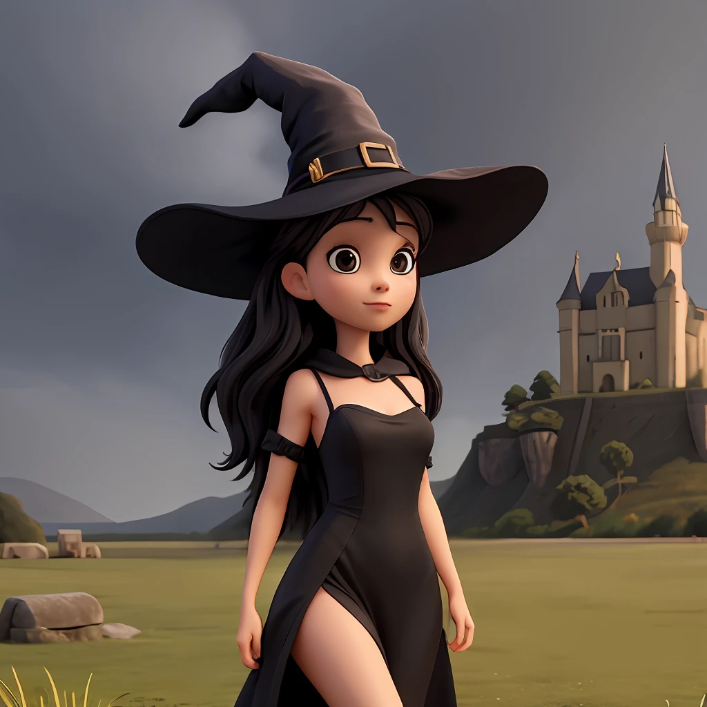 A woman, witch, long straight black hair, black eyes, athletic body, long black dress, castle in the background, masterpiece, high quality, best quality, 4k, well-detailed body, detailed face, witch's hat, camera raw, dark lighting