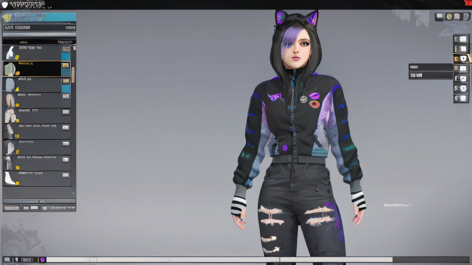 um close up de uma pessoa em um terno de gato com um capuz, mechanic punk outfit, roupa estilo cyberpunk, roupas realistas, roupa cyberpunk, wearing atompunk jumpsuit, menina glitchpunk, epic 3 d abstract emo girl, usando streetwear cyberpunk, Garota de anime cyberpunk com capuz, usando uma roupa punk, cyber punk setting, tiro de corpo inteiro hiperdetalhado, roupa punk, um close up de uma pessoa usando um capuz com uma orelha de gato, Avatar do Second Life, usando um capuz com orelhas pontudas, modelado em poser, menina com orelhas de gato, VRCabord, wearing cybernetic bunny ears, gatinha, menina anime com orelhas de gato, mulher com orelhas de gato, menina gato atraente, close up tiro de meio corpo, Roxo Transparente Sci - Capuz FiFi, pessoa com pelo roxo, Motor irreal : : maquiagem, Retrato de Jinx de Arcane, menina atraente,  gatinha, gatinha jovem bonita,  com o rosto muito detalhado,