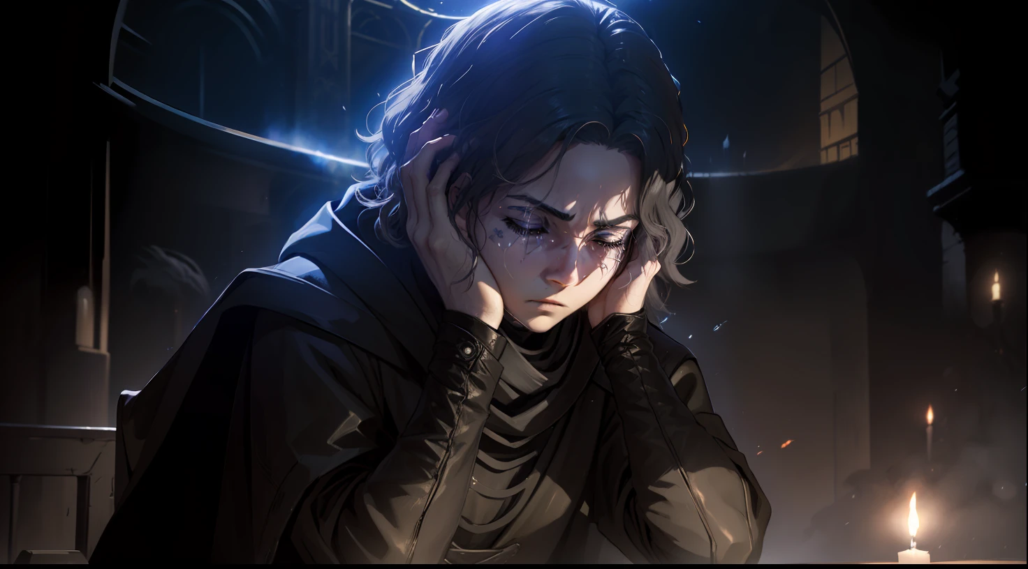 Anakin Skywalker, Sith, Tempos Sith, Anakin Skywalker como Sith do mal, Villanious, FALLEN ANGEL, Gray alien, alien, FALLEN ANGEL, Cara bonito na foto de Demon Slayer, Anakin Skywalker sentado, depressed with hands on face crying a lot and lamenting, godrays obscuro, cosmic sky