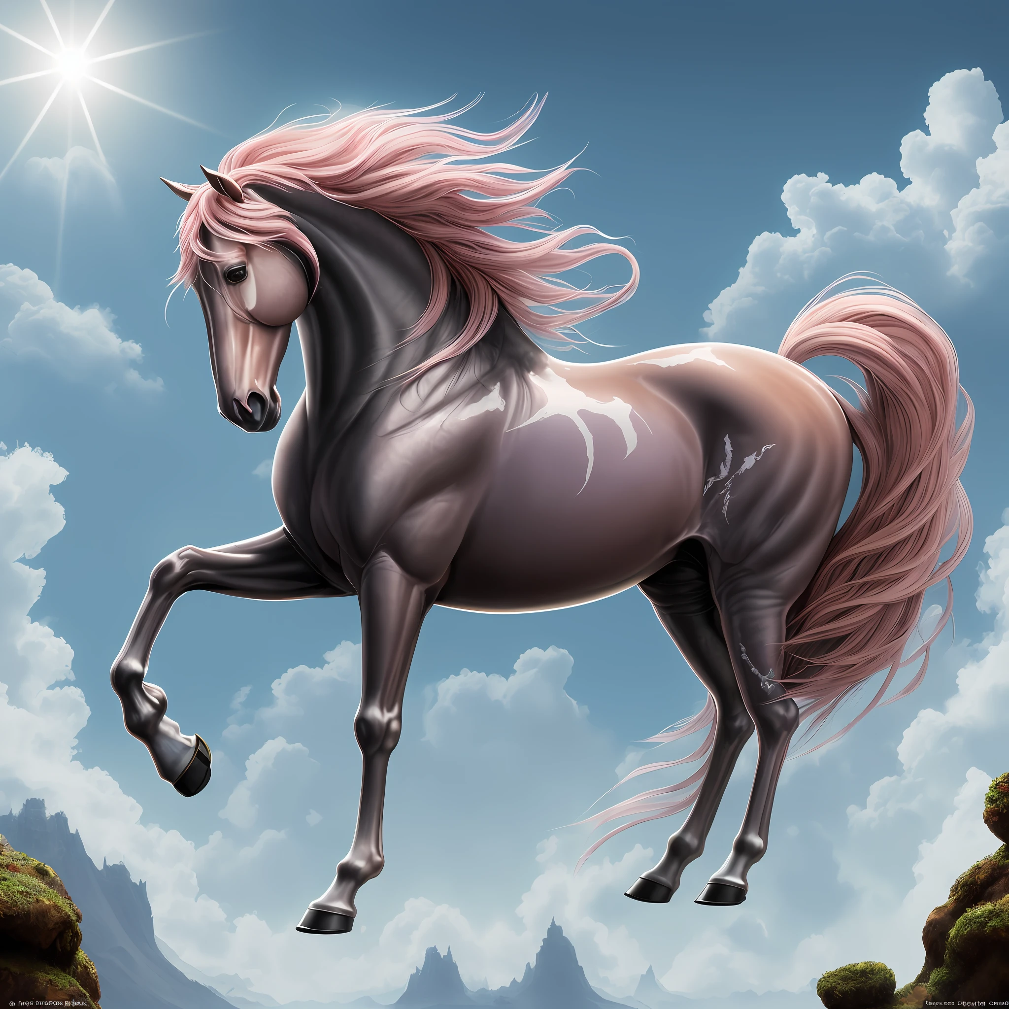 pintura de um cavalo com uma juba longa e uma juba rosa, Cavalo bonito, Cavalo Centauro, Cavalo digital, Cavalo sereno bonito, Horse, armadura dourada e brilhante de cobre, juba e cauda fluindo, albino mystic, equino anatomicamente correto, pele perolada, highly detailed magical fantasy, mytical creature, painted in high resolution, inspirado em John Frederick Herring, Jr.