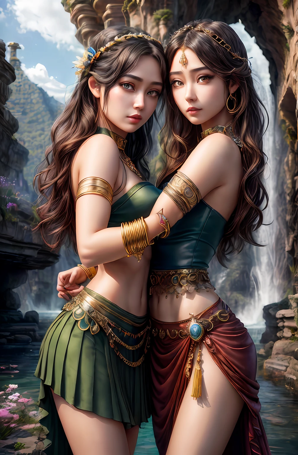 ((Realistic:1.5)),Ulzzang-6500:0.7,((Best quality)), ((Masterpiece)),((Detailed)),2girls,duo,{2 beautiful women}, (Upper body:1.3),Hug and touch each other, Tease your friend's waist, Breathless friends, Biting a friend's earlobe, crouched,super wide shot,Face focus, Long legs,Curvy, Barefoot,Wide hips, Thin legs, Oversized eyes,Long eyelashes, (Detailed face,beautidful eyes, detailedpupils,detailed clothes features, Clear background:1.3), (armlets, bangle:1.3), Mysterious ancient ruins, floresta exuberante, Deep canyon,bridge,River,cliff,Cloud,lakes,Rock music,Waterfalls, Flowers, Grass,grape trees,tree,bright detail,Sharp,Perfect compounding, Intricate, Sharp focus, Dramatic,