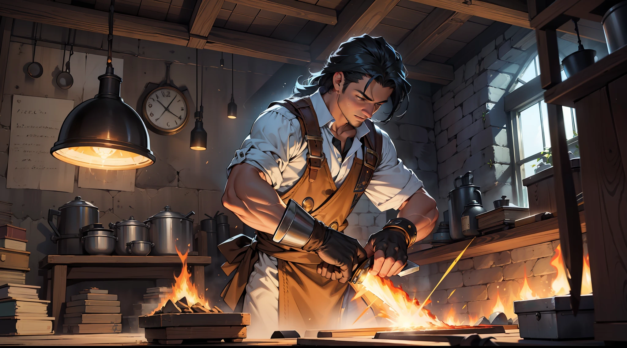 ((alta qualidade)), ((obra-prima)), 8k, raios de luz, papel de parede 8k de unidade CG extremamente detalhado, jogo cg, olhando para o visualizador, luvas, botas, corpo inteiro, watch, A male blacksmith making a knife on an anvil,hittng hammer, (anvil:1.2), blacksmith, sparks, caustics, vibrant colors