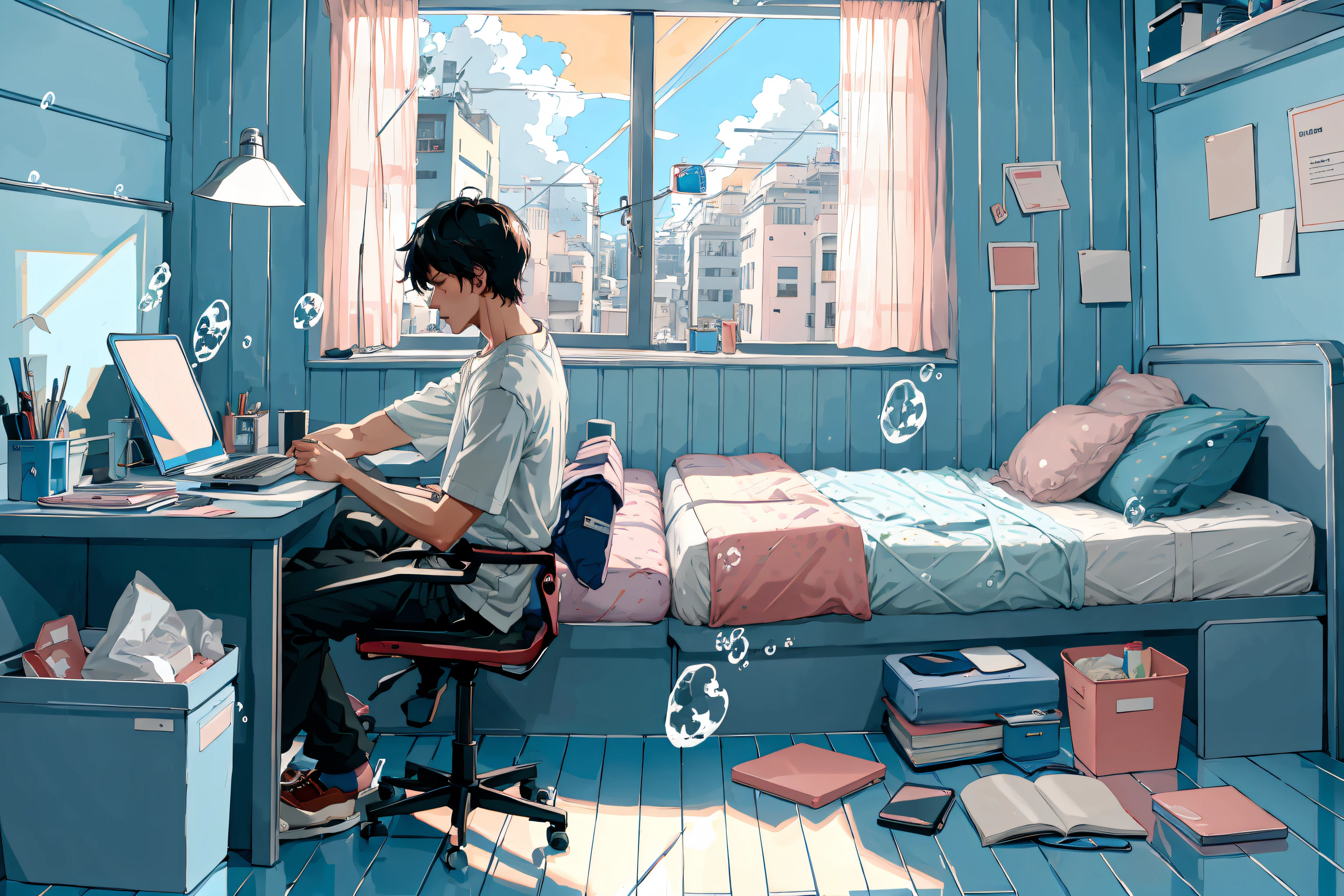 pastel color,
nude, nipples, smoke, cigarette,
1girl, solo, short hair, shirt, black hair, 1boy, closed eyes, white shirt, male focus, lying, pants, cloud, indoors, cup, pillow, book, window, bed, chair, phone, black pants, table, sleeping, bottle, curtains, desk, fish, bubble, air bubble, computer, laptop, tissue box, surreal, messy room,
nsfw, sexy,