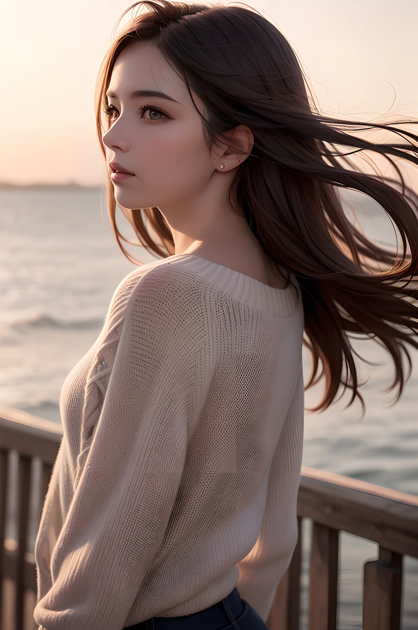 a woman, hair blowing in the wind, masterpiece, best quality, ultra-detailed, (photorealistic), an extremely delicate and beautiful, depth of field, film grain, professional lighting