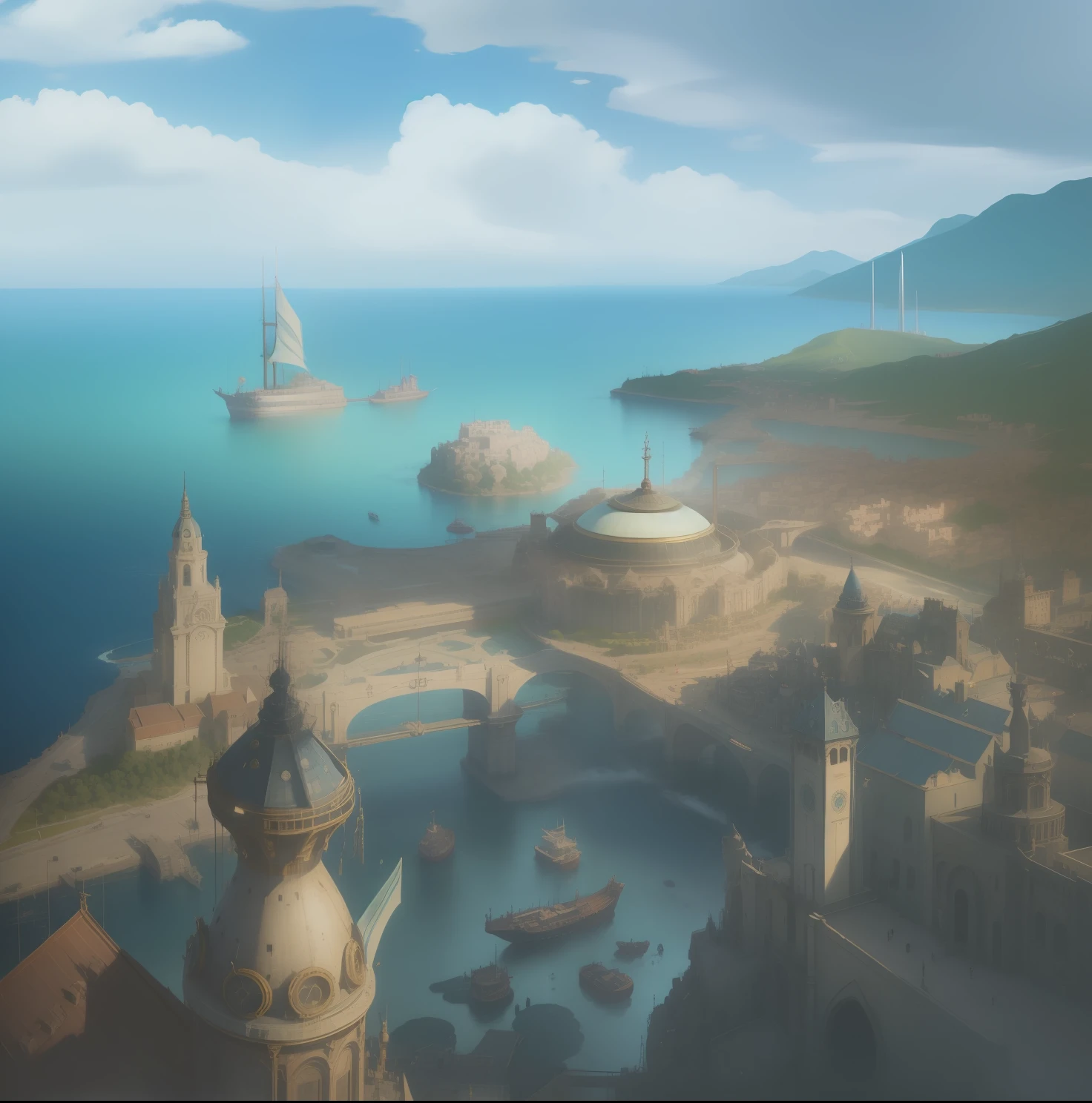 Ultra detailed image of thriving Victorian steampunk port city of high-tech RPG and magic. The city is filled with a network of bridges and rivers and is known for its factories that process bright blue light. Notable sites within the city include the bustling city center, The imposing city hall building in the Aetherpunk style with a vibrant blue dome of golden details with a clock, the ever-bustling port and the Factory Islands, where the bright blue hexadecimal is processed and the bright blue smoke. Full of steampunk navigations. The city is rich in gold and high-tech brass, Blue is bright like lunar magic, The City Hall building is round and looks like an imposing observatory. Com nitidez e boa qualidade, uma cidade de RPG de D&d. with water sources, da cidade de "Fontaine" de "Genshin Impact". Distance navigation with steampunk pirate technological features