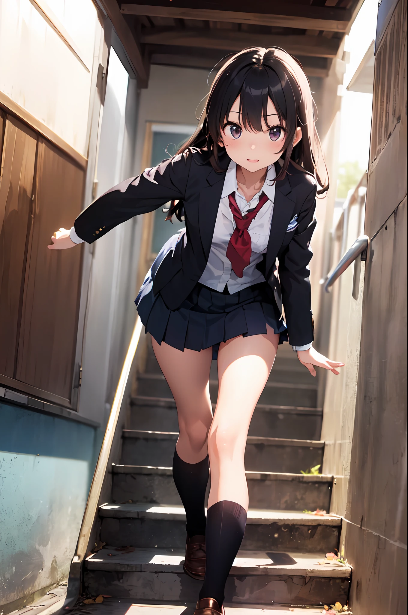 beste-Qualit、Hphotorealistic、8K、hight resolution、女の子 1 人、((An angle that peeks into the skirt from under your feet))、blazers、((No bra、witheout panties))、((stairs at school、blazers,))、((hi-school girl))、((Stand with your legs spread))