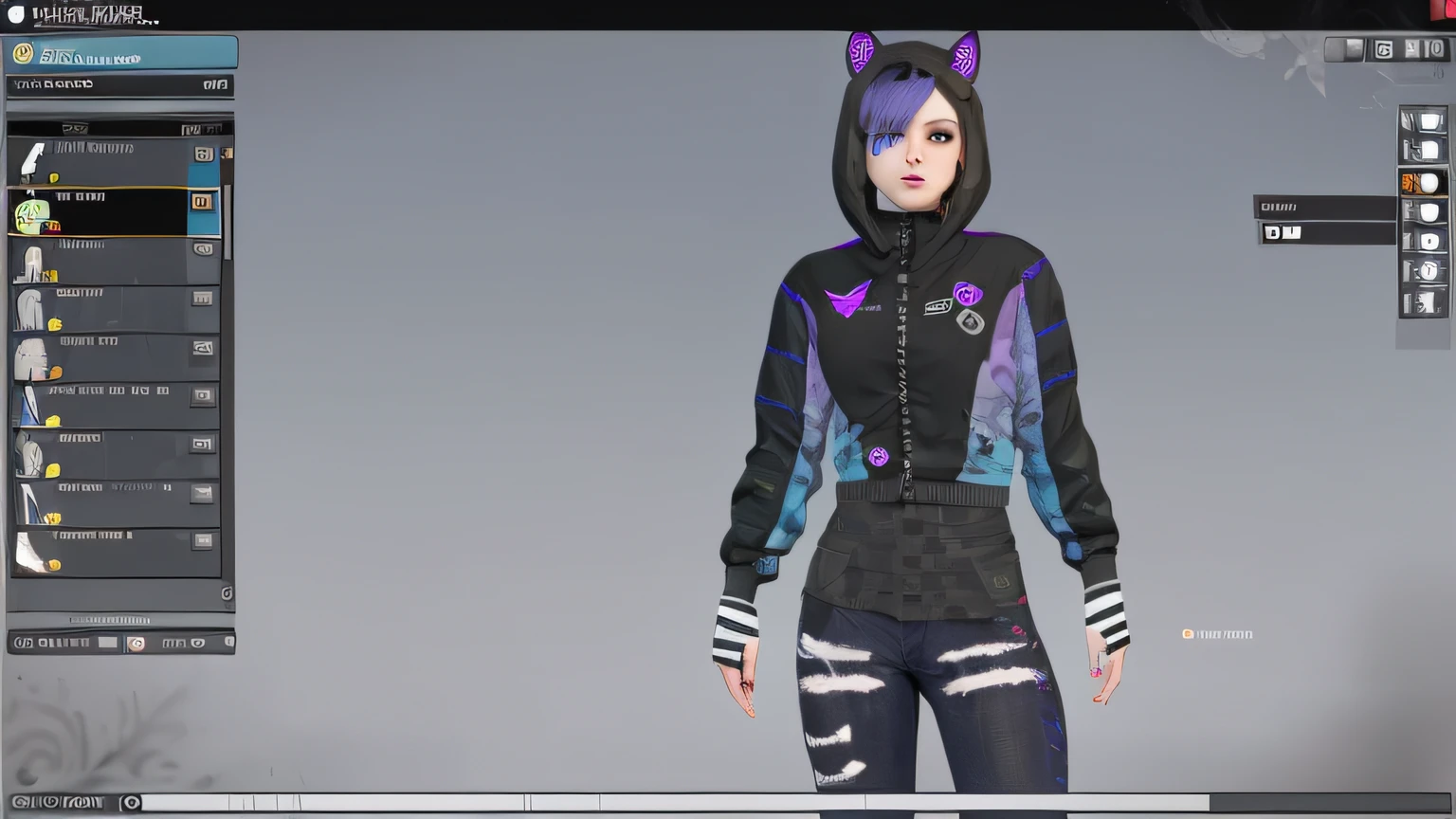 um close up de uma pessoa em um terno de gato com um capuz, mechanic punk outfit, roupa estilo cyberpunk, roupas realistas, roupa cyberpunk, wearing atompunk jumpsuit, glitchpunk, epic 3 d abstract emo girl, usando streetwear cyberpunk, Garota de anime cyberpunk com capuz, usando uma roupa punk, cyber punk setting, tiro de corpo inteiro hiperdetalhado, roupa punk, um close up de uma pessoa usando um capuz com uma orelha de gato, Avatar do Second Life, usando um capuz com orelhas pontudas, modelado em poser, meninarelhas de gato, VRCabord, wearing cybernetic bunny ears, gatinha, menina animerelhas de gato, mulher com orelhas de gato, menina gato atraenose up tiro de meio corpo, Roxo Transparente Sci - Capuz FiFi, pessoa com pelo roxo, Motor irreal : : maquiagem, Retrato de Jinx de Arcane, menina atraente, gatinhinha jovem bonita, com o rosto muito detalhado,