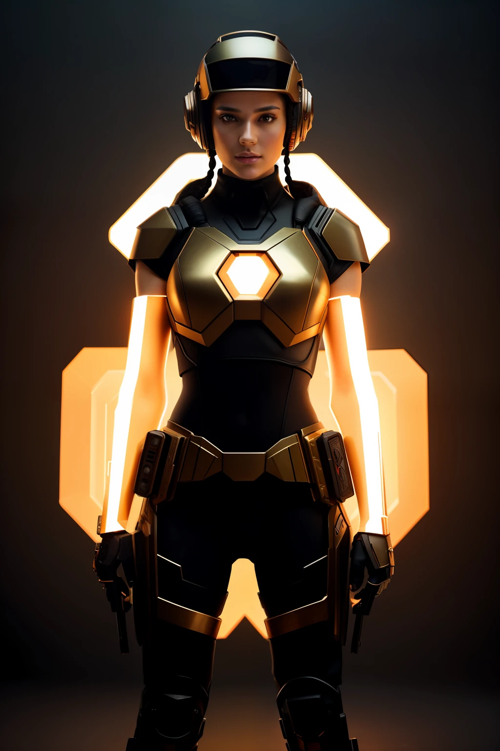 The player is wearing an helmet, in the style of cyberpunk dystopia, 32k uhd, womancore, bronze and amber, dreamlike settings, gorecore, ivan albright –ar 107:53 –v 5