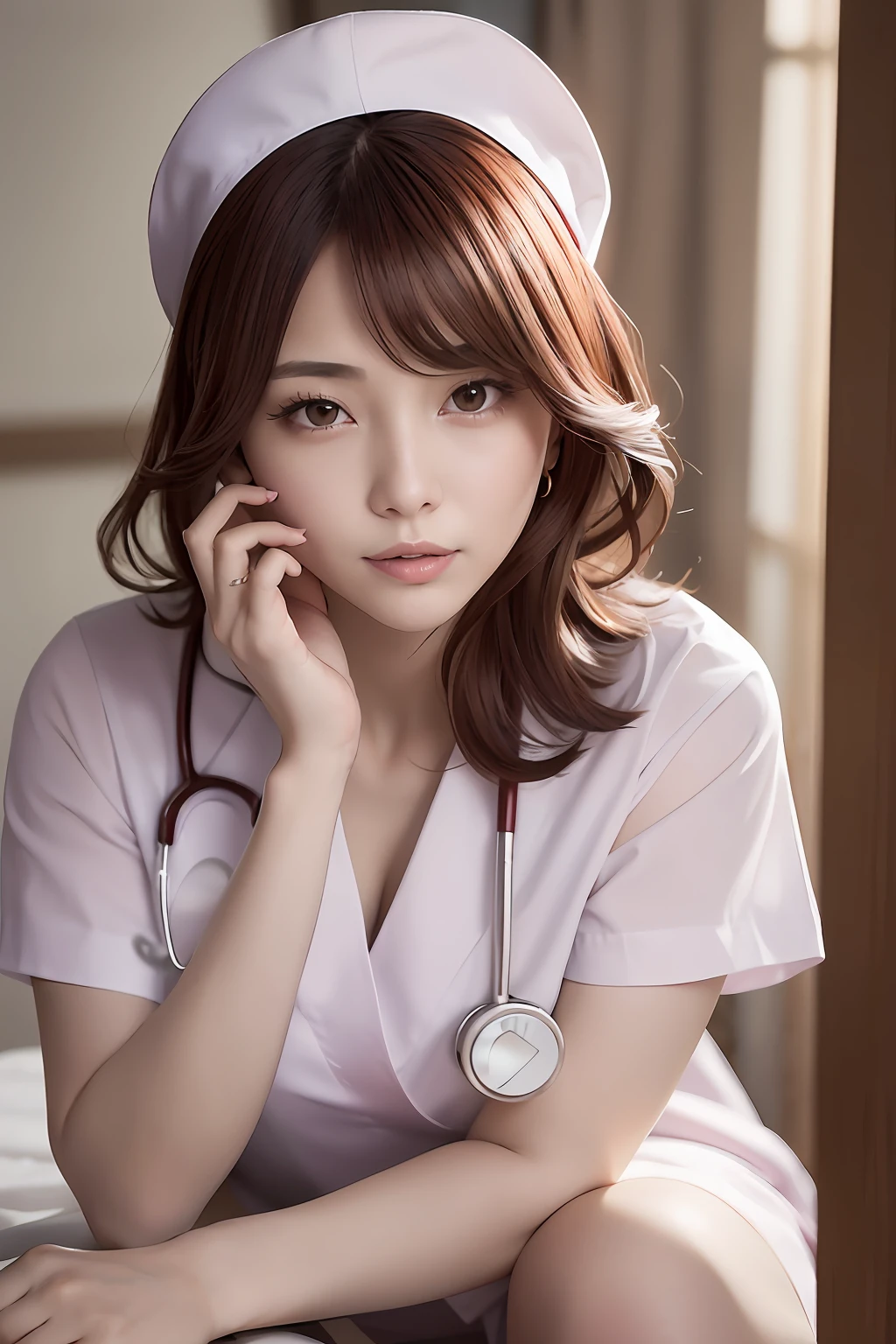 (top-quality、masterpiece、电影灯光、)、phot of a beautiful Japanese women、Glossy reddish-brown shorthair、hair pin、disheveled hair、Floating hair、beauitful face、Slouched、crouching down、(Nurse、nurse's outfit、No nurse cap、Wrap the stethoscope around your neck、)Beautiful chest line、Hourglass body、A smile that captivates the viewer、Look into the cameraman and talk、Hospital Patient Rooms、Bring your face closer、shinny skin、Bold sexy poses、Beautiful Finger、
