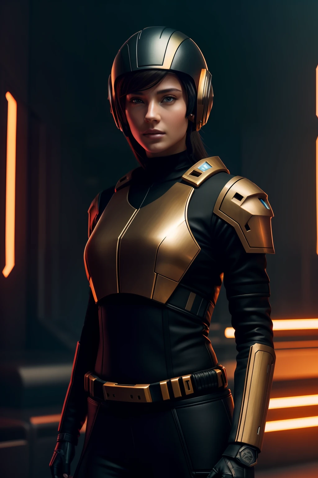 The player is wearing an helmet, in the style of cyberpunk dystopia, 32k uhd, womancore, bronze and amber, dreamlike settings, gorecore, ivan albright –ar 107:53 –v 5