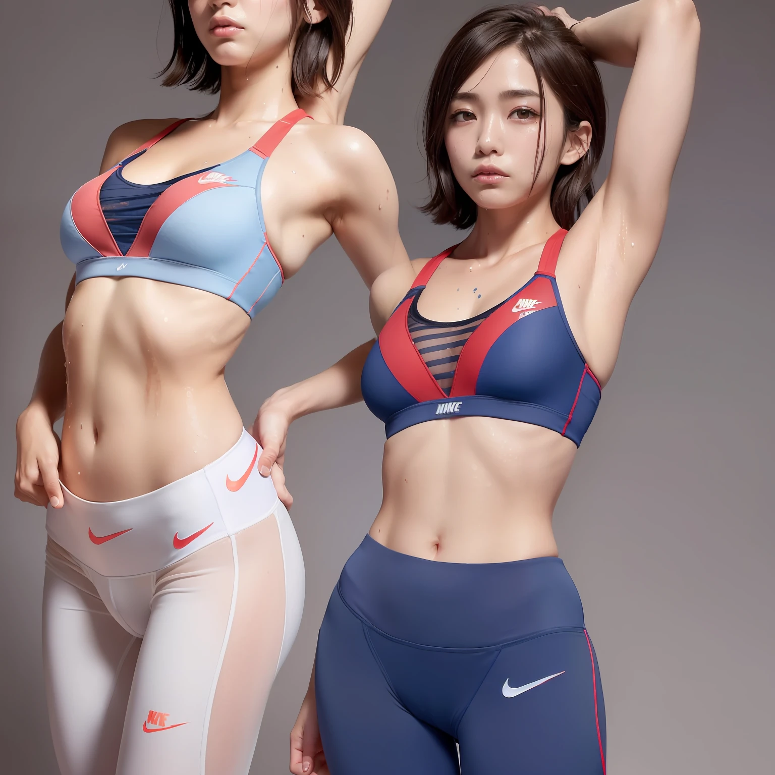 (solo), (a detailed full body RAW photo of a girl), (masterpiece:1.0), (best quality:1.4), (ultra highres:1.2), (photorealistic:1.4), 8k resolution, Canon EOS R5, 50mm, absurdres, ultra detailed, (a detailed full body RAW photo of a girl), (masterpiece:1.0), (best quality:1.4), (ultra highres:1.2), (cheerful 25year old), japanese athlete sharp focus, cinematic lighting, detailed beautiful face, (no make up:1.2), (ulzzang-6500-v1.1), petite figure, detailed skin texture, flat chest, (skinny and fit body:1.6), detailed brown hair, sweltering,(very short hair:1.5), smiling face, very thin see-through wear, (very small and simple and brihit red and blue nike competition athletic wear:1.5), low rise, (Crotch streaks and stains), (nipple protrusion on sports bra:1.5), realistic glistening skin, (sweating:1.45), detailed nipples texture, (yui aragaki:0.7), dynamic pose,