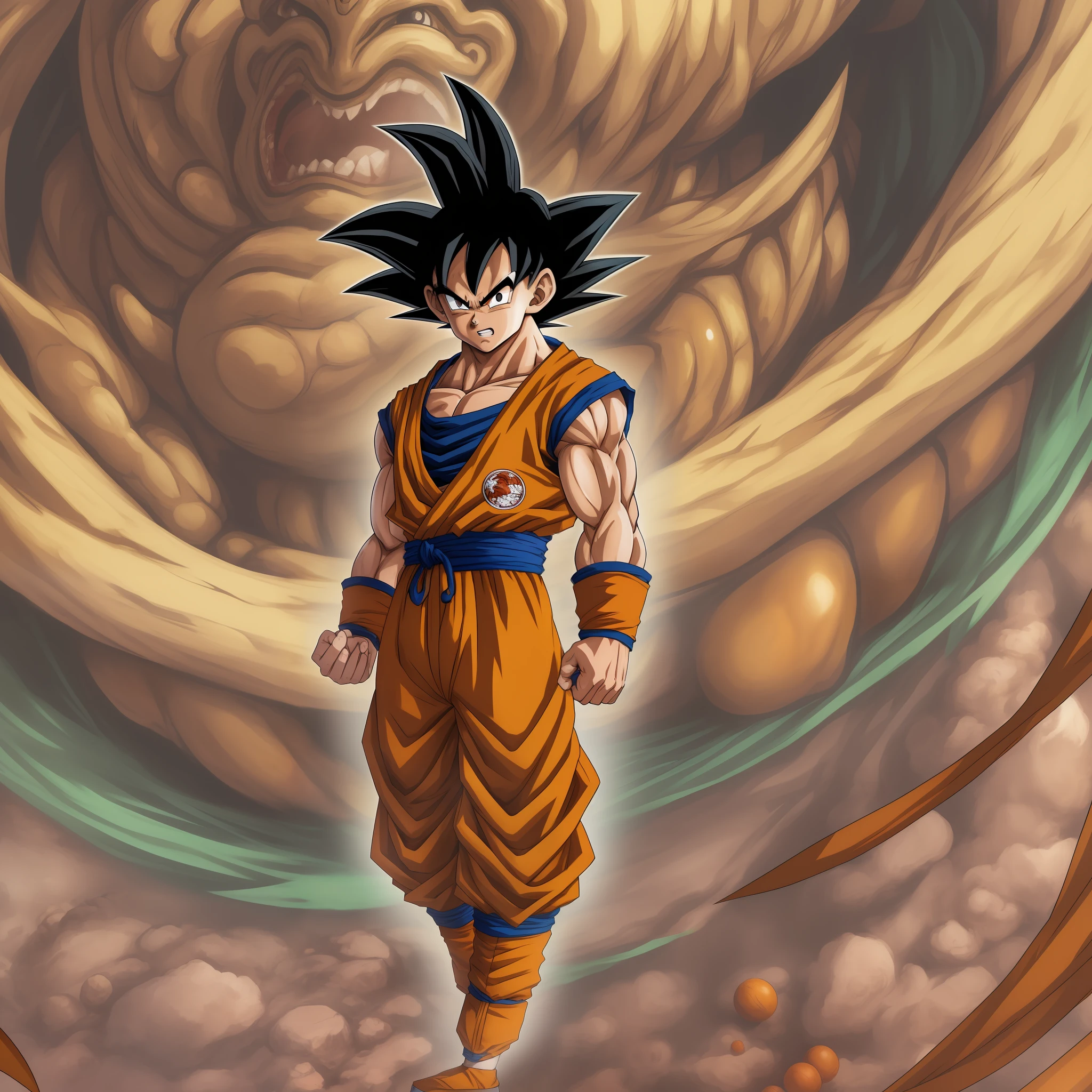 (Goku_SSJ4), (Dragoned_bola_Com:: 1.5) (Goku_traje_cheio::1.3) (rosto_circunstanciado), master part, best quality, Goku_circunstanciado, onda de anatomia, Bottom capsule factory_Corp, som_Goku, Kakaroto, Dragoned_bola_super, estilo anime, illustration, High definition, epics, HDR, 8k, (Estilo:: Akira Toriyama 2000y);