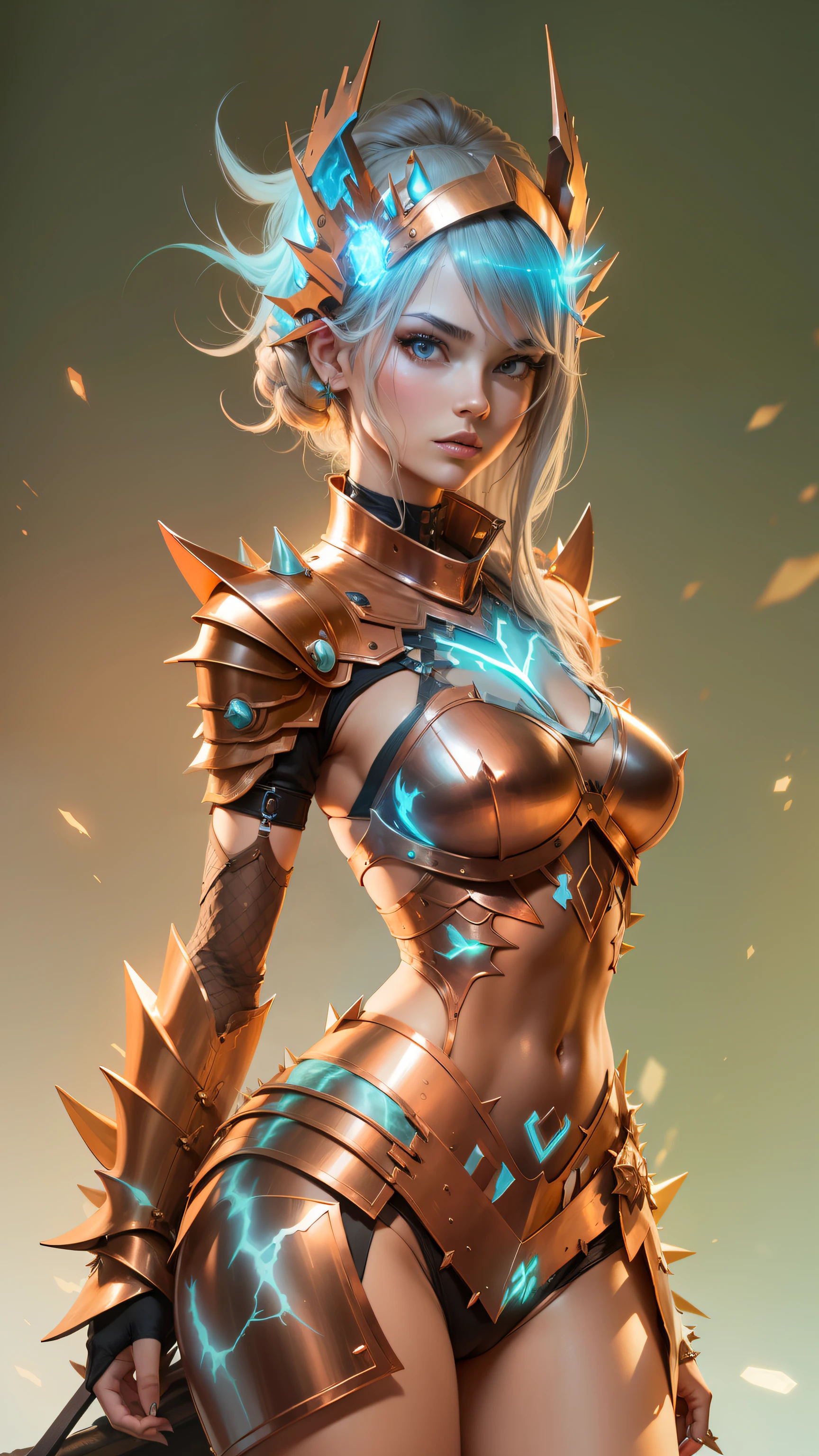 Hot Sexy Girl wear Copper Spiky Bikini Armor with Electric Aura, Full Body