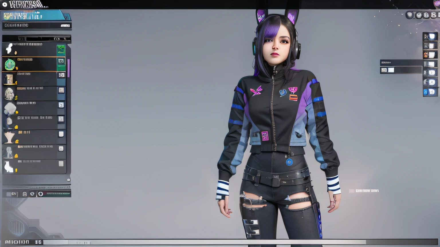 um close up de uma pessoa em um terno de gato com um capuz, mechanic punk outfit, roupa estilo cyberpunk, roupas realistas, roupa cyberpunk, wearing atompunk jumpsuit, menina glitchpunk, epic 3 d abstract emo girl, usando streetwear cyberpunk, Garota de anime cyberpunk com capuz, usando uma roupa punk, cyber punk setting, tiro de corpo inteiro hiperdetalhado, roupa punk, um close up de uma pessoa usando um capuz com uma orelha de gato, Avatar do Second Life, usando um capuz com orelhas pontudas, modelado em poser, menina com orelhas de gato, VRCabord, wearing cybernetic bunny ears, gatinha, menina anime com orelhas de gato, mulher com orelhas de gato, menina gato atraente, close up tiro de meio corpo, Roxo Transparente Sci - Capuz FiFi, pessoa com pelo roxo, Motor irreal : : maquiagem, Retrato de Jinx de Arcane, menina atraente, gatinha, gatinha jovem bonita, com o rosto muito detalhado,