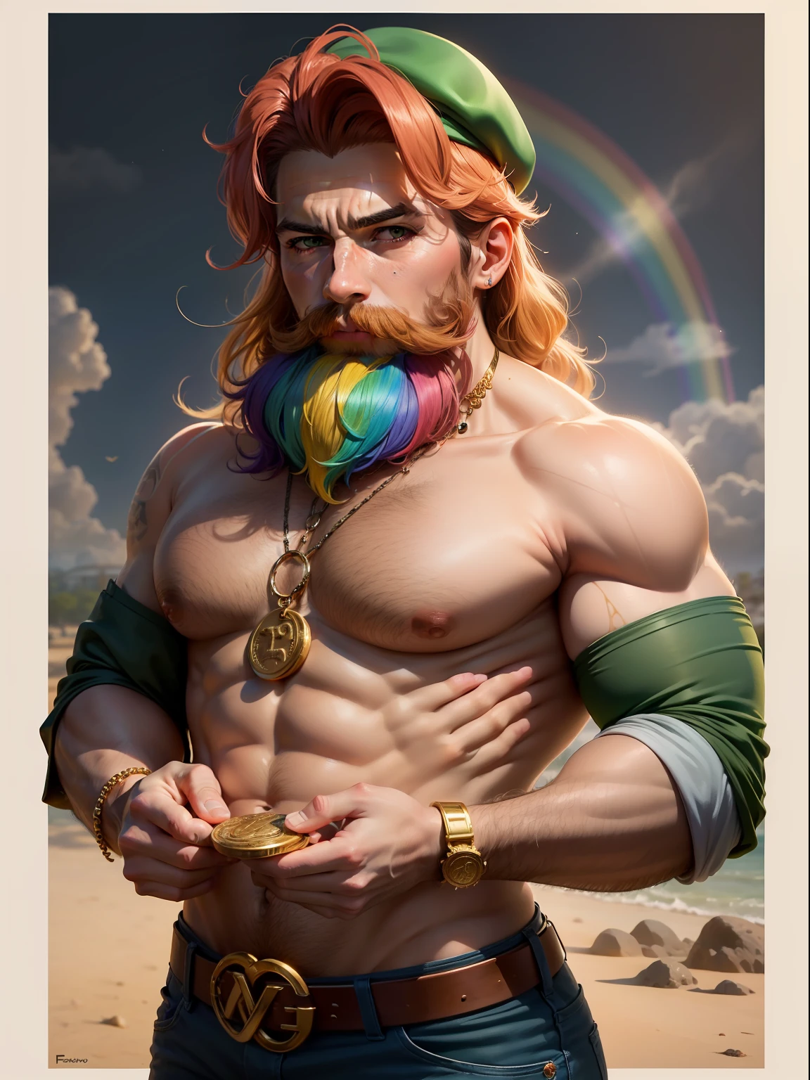 Leprechaum: mulher com barba e bigode vermelha, Rainbow in the sky and gold coins, trevos de quatro folhas, ferraduras; tesouro pote de ouro, trevo da sorte, rainbowart