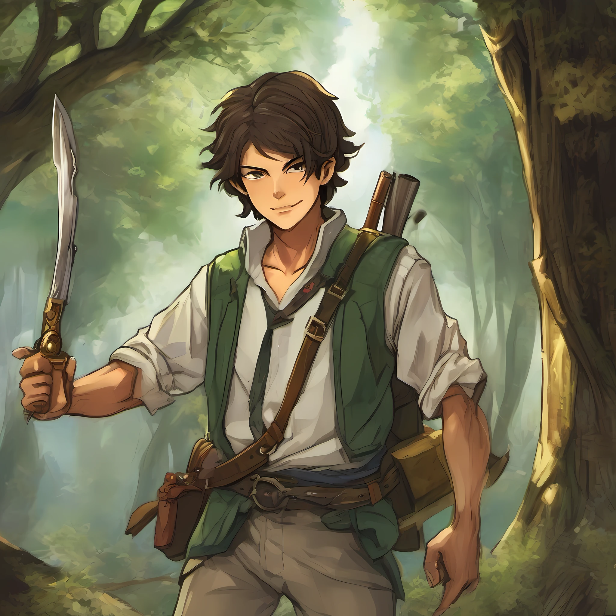 You are about to create a unique and engaging image of a young adventurer named Hiroki. He is the protagonist of a gripping story of mystery and courage. His appearance is striking, with shaggy brown hair and bright amber eyes that exude intelligence and determination.

Imagine Hiroki vestindo uma jaqueta de couro marrom envelhecido, adorned with brass buttons and Knowledge Resistance insignia, o grupo corajoso ao qual ele pertence. His comfortable cargo pants and chunky boots show that he is always ready to face the most challenging situations in his adventures.

He holds an antique compass with brass details in one hand, symbolizing his search for truth and the direction he goes on his journey. The other hand rests on the hilt of an aged bladed sword, constantly reminding him of his determination to stand up to the Order of the Mints and unravel their sinister plans.

Hiroki's confident expression and haughty posture show that he is someone who knows what he wants and is willing to fight for his ideals. His lightly tanned skin indicates that he is an experienced adventurer, acostumado a enfrentar os desafios do mundo que o cerca.

The surrounding scenery is a mysterious grove of giant, dense trees, with lush emerald-green foliage and intertwined roots that form winding paths across the ground. Sunlight shyly leaks through the treetops, creating an ethereal atmosphere full of mystery. Pequenos feixes de luz iluminam o caminho de Hiroki, while deep shadows add a touch of intrigue to the scenery.