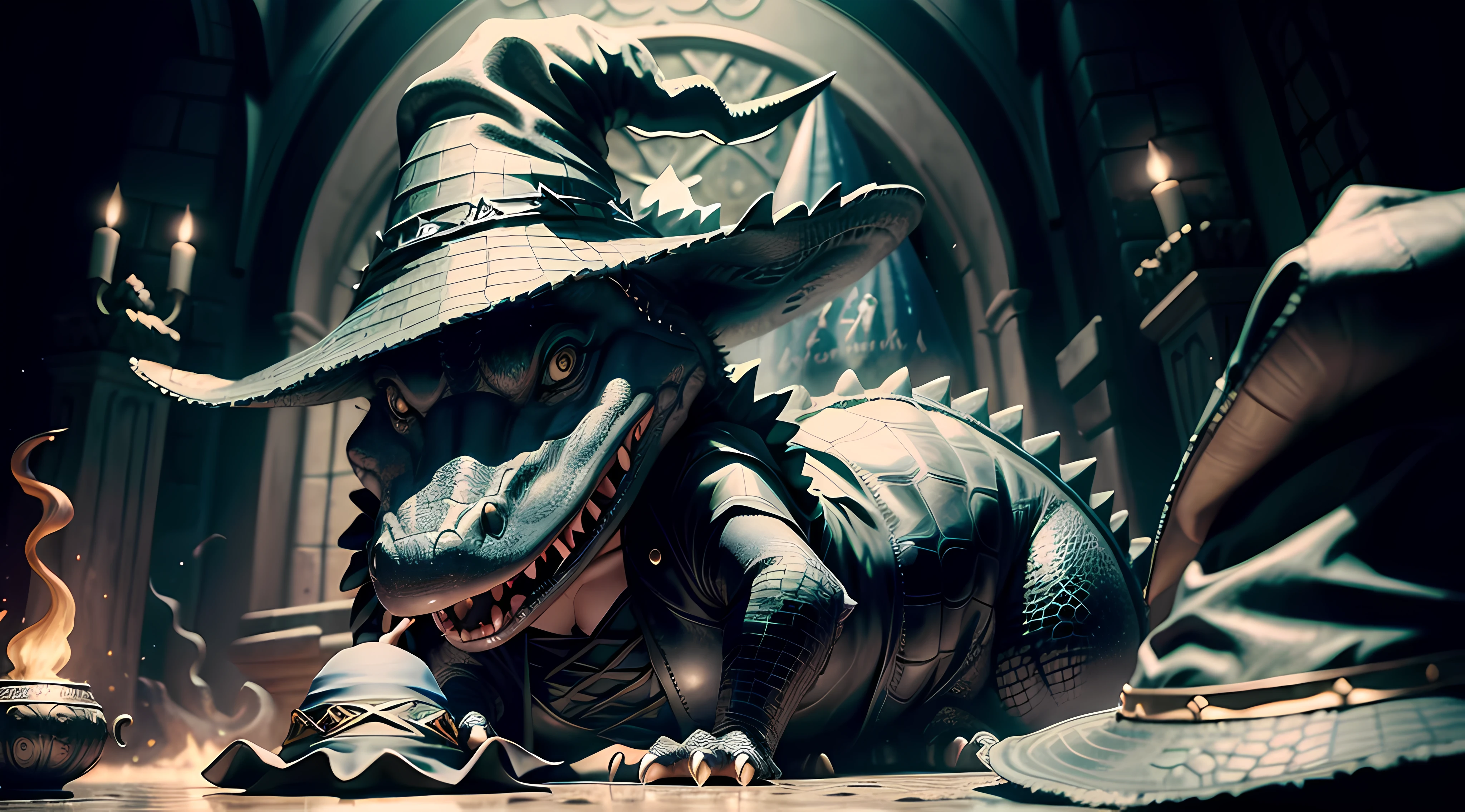 An alligator in a black dress (((with wizard's hat))), com olhos vermelhos, ((((in front position)))), Messing with the Magician's Cauldron
