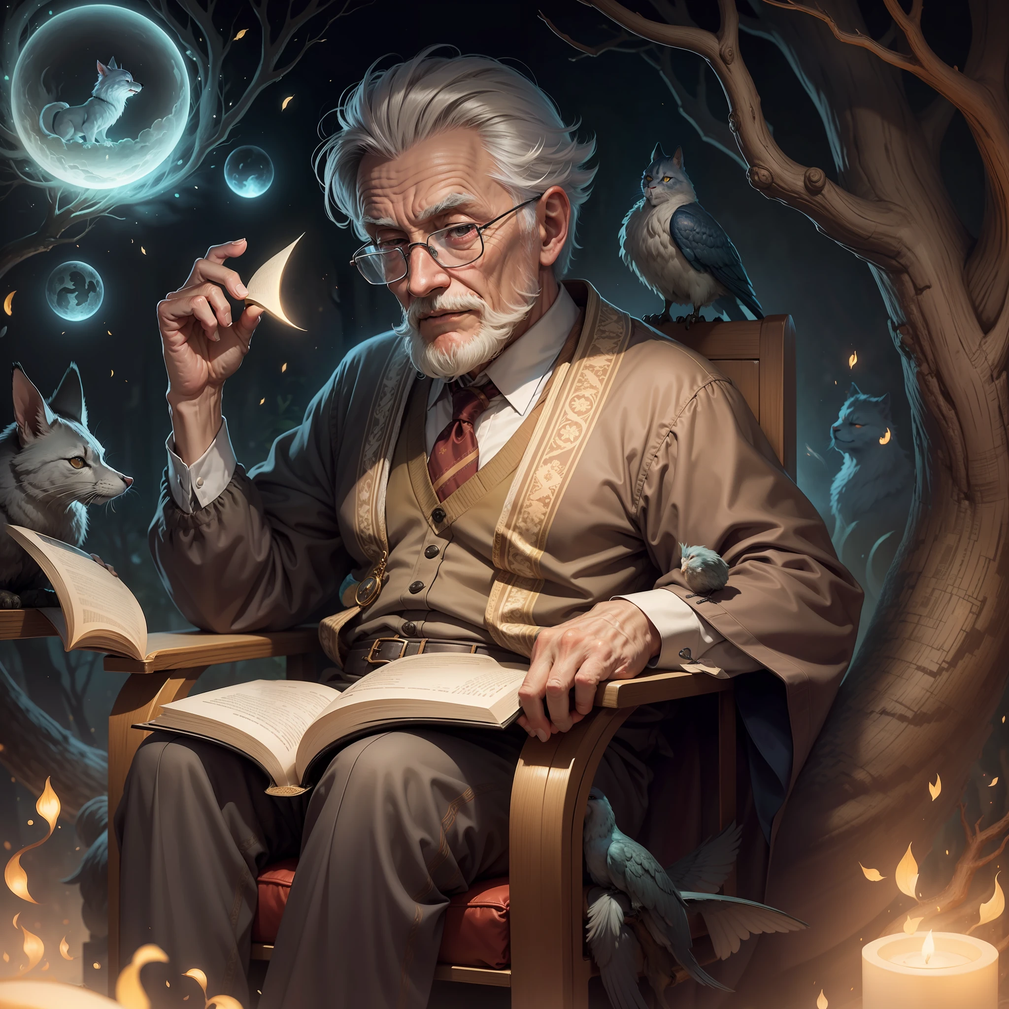 a wise old man reading a book in his chair while mystical animals and objetcs come out of the book