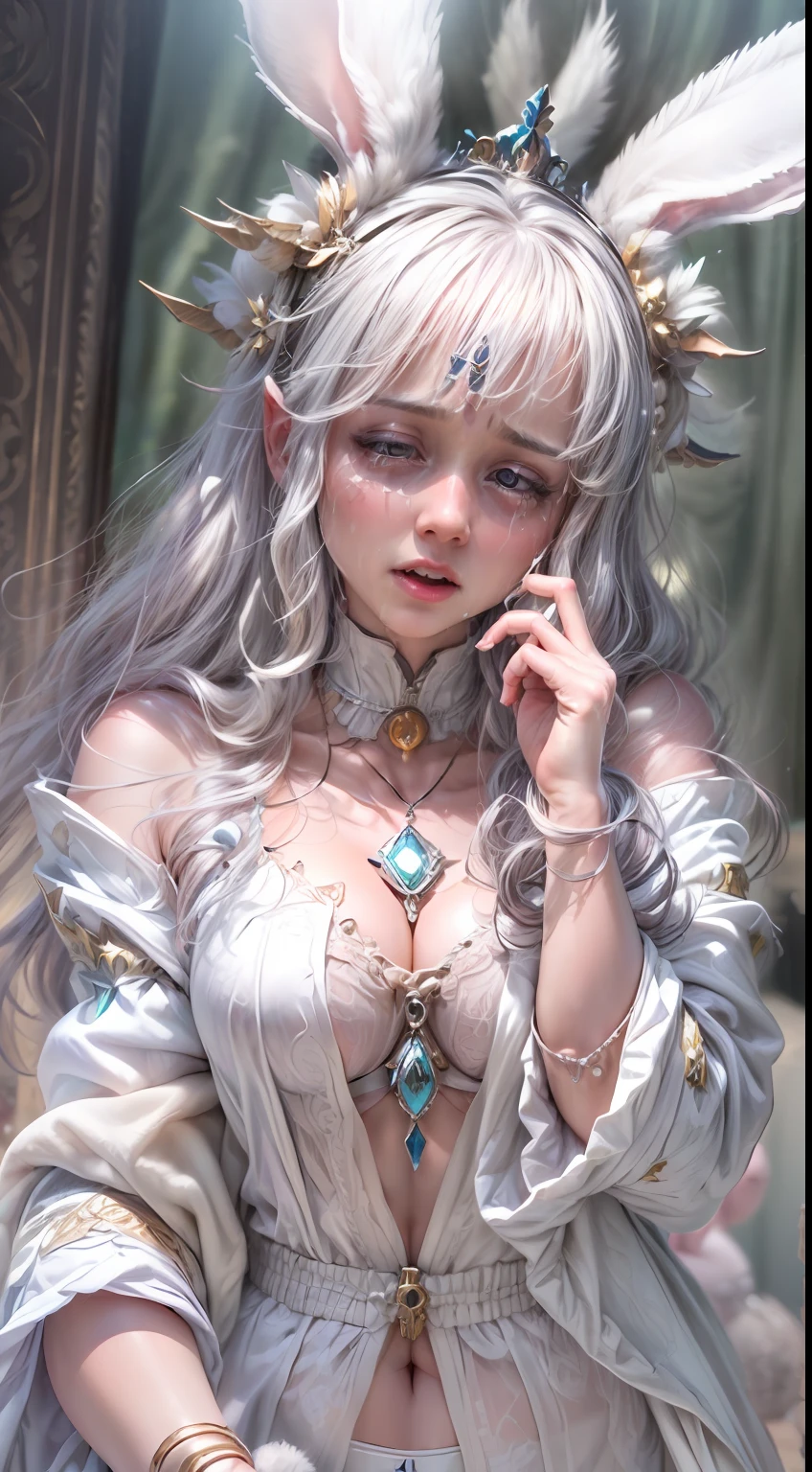 Best Quality, studio lightning, (((Princess of Rabbits, The woman))), (((crying, Sad))), (((Correct facial features, Properly formed arms, Properly formed fingers))), (dressed in white robes, Velvet, Mecha, lace, brocade, pearls), Expensive jewelry, lace,