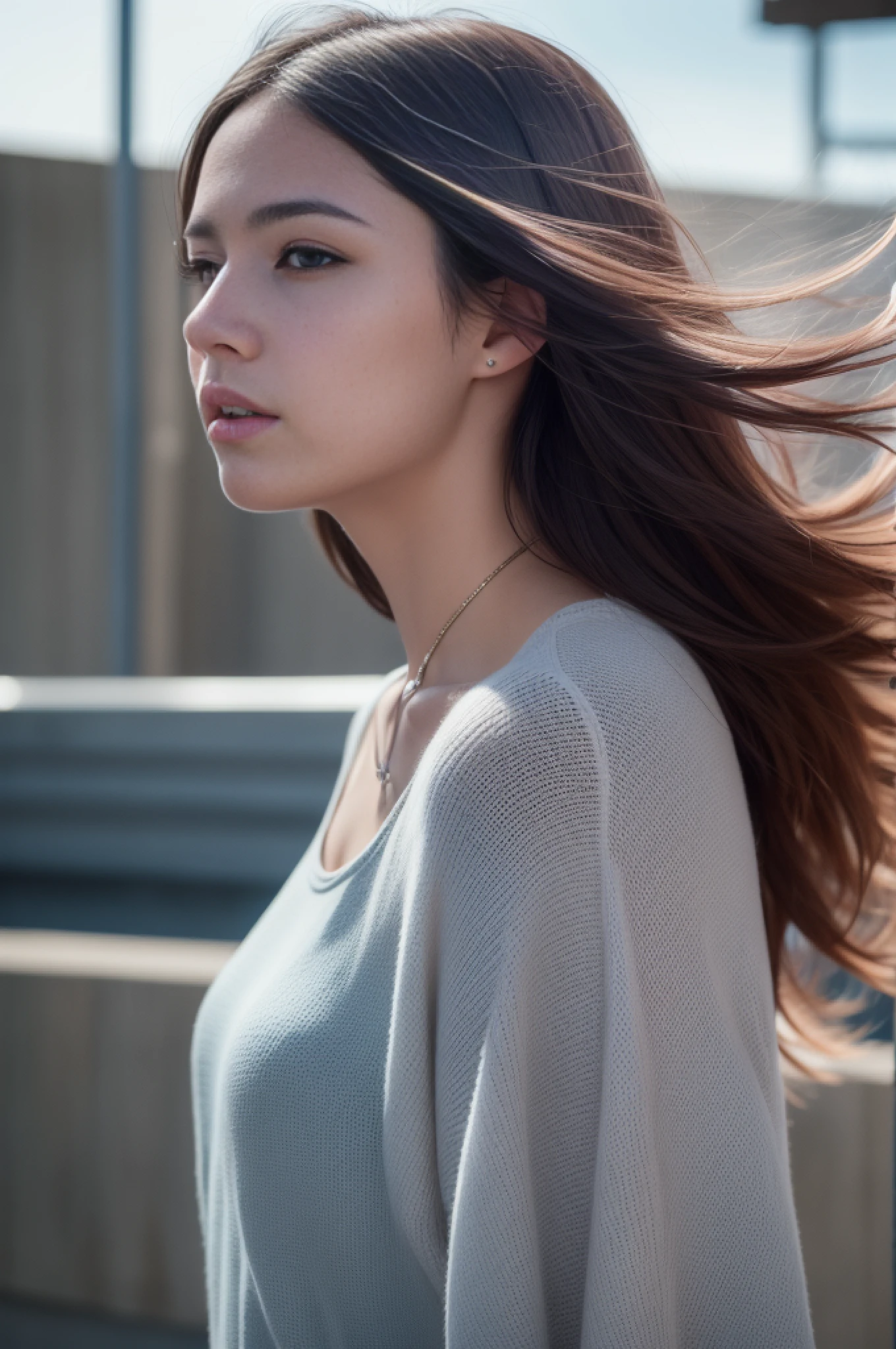 a woman, hair blowing in the wind, masterpiece, best quality, ultra-detailed, (photorealistic), an extremely delicate and beautiful, depth of field, film grain, professional lighting