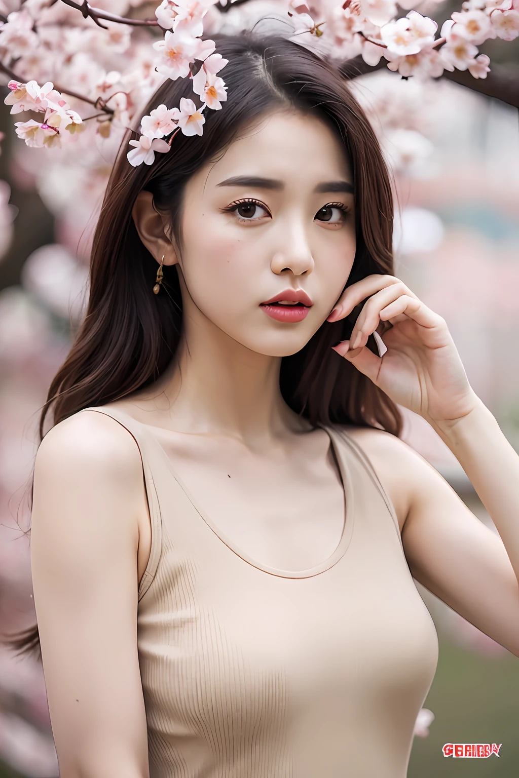 (extra detailed body、extra detailed face、best qualtiy:1.2)、femele、looking at the viewers、(Beige tank top、JINS)、(Cherry blossom chaos in the background:1.4)