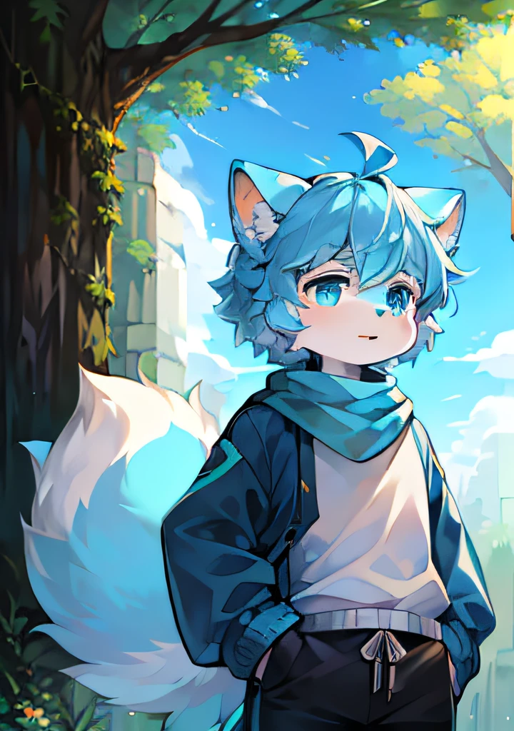spheres, trpical garden, short detailed hair, skyblue hair,ahoge, lowerbody, Gamine, shaggy male, Light blue cat ears, with her mouth open, clouds, daysies, Skysky, suns, in a spring, No spots, Cubs, Light blue hair everywhere, Light blue fur everywhere, Light blue cat ears, Cat type, Big fluffy tail, tmasterpiece, High-quality portraits, human - shaped, Cubs, sbeard, Solitary boy, ventania, posing on a, full-shot, Sky blue sweatshirt, Black shorts, Light blue scarf, White color blouse, Super cute face, glowing light eyes, blue color eyes,Black triangular nose,Light blue tail , large tail, The face is covered with light blue fur,White eyebrows, Light blue scarf, A fluffy tail, Large light blue tail,male people, Full Body Furry