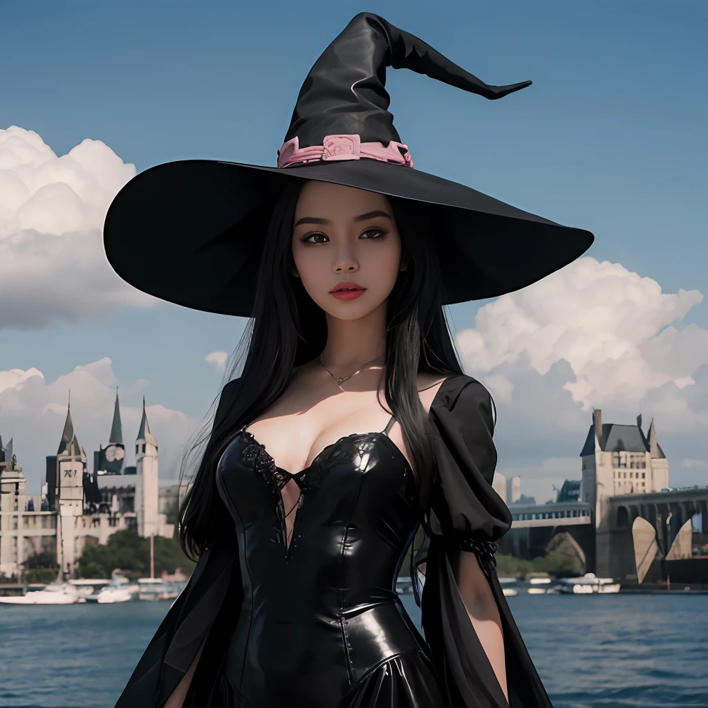 A woman, witch, long straight black hair, black eyes, athletic body, long pink dress, castle in the background, masterpiece, high quality, best quality, 4k, well-detailed body, detailed face, witch's hat, camera raw