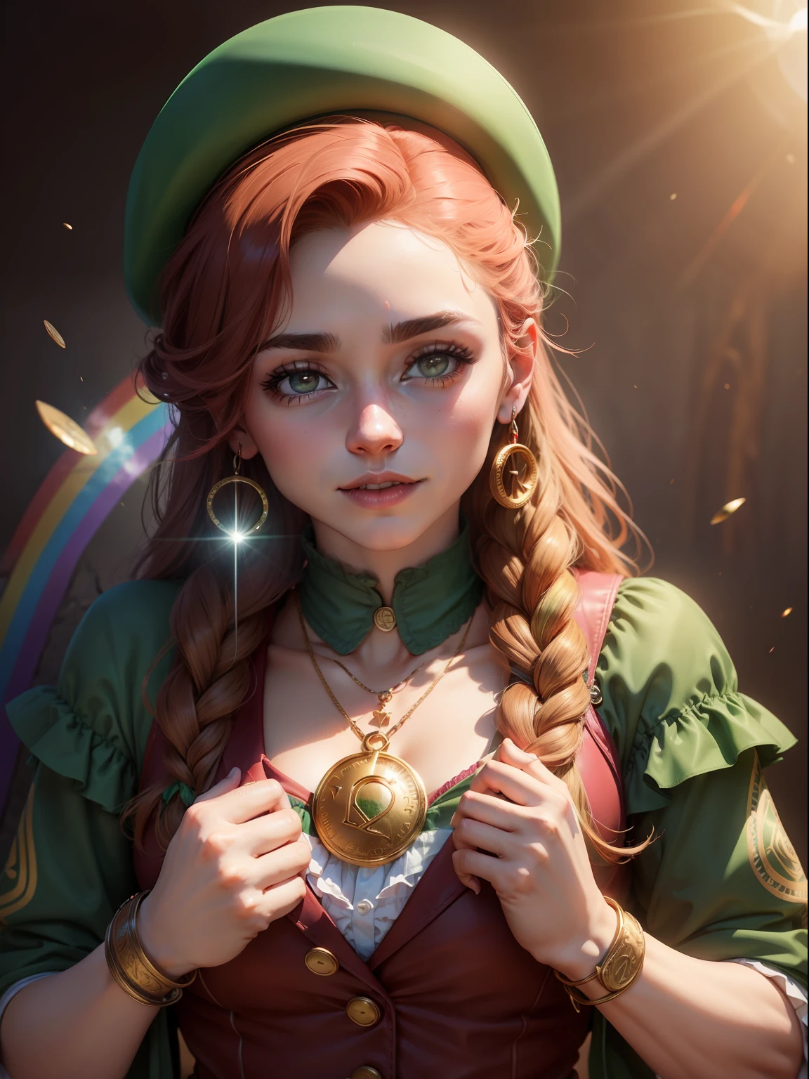 Leprechaum: mulher barba vermelha, Rainbow in the sky and gold coins, trevos de quatro folhas, ferraduras; tesouro moedas de ouro, trevo da sorte, Rainbow horseshoe Folklore ireland