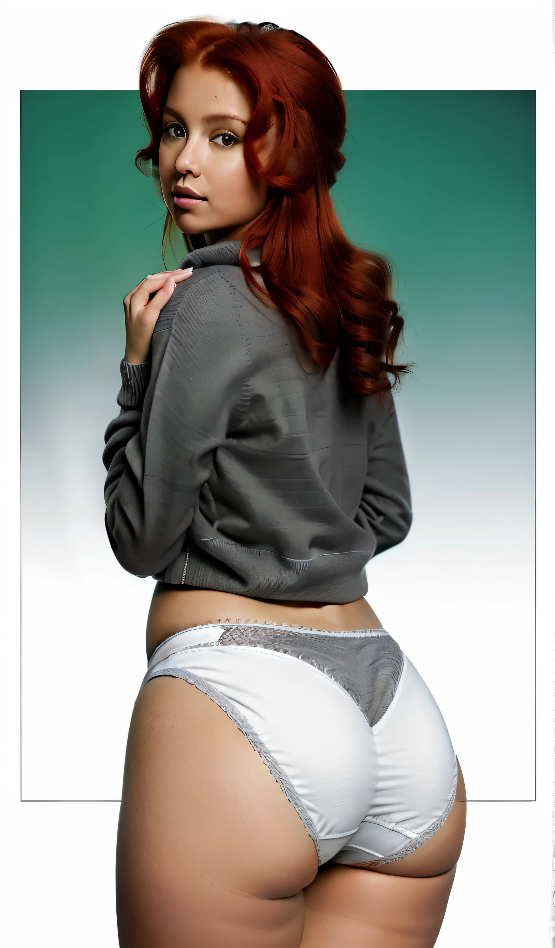 ((masterpiece, best quality)), ((Curvy Red-haired Latina in grey sweater and white granny panties)), started and embarrassed, EUF, photo realistic, intricate details